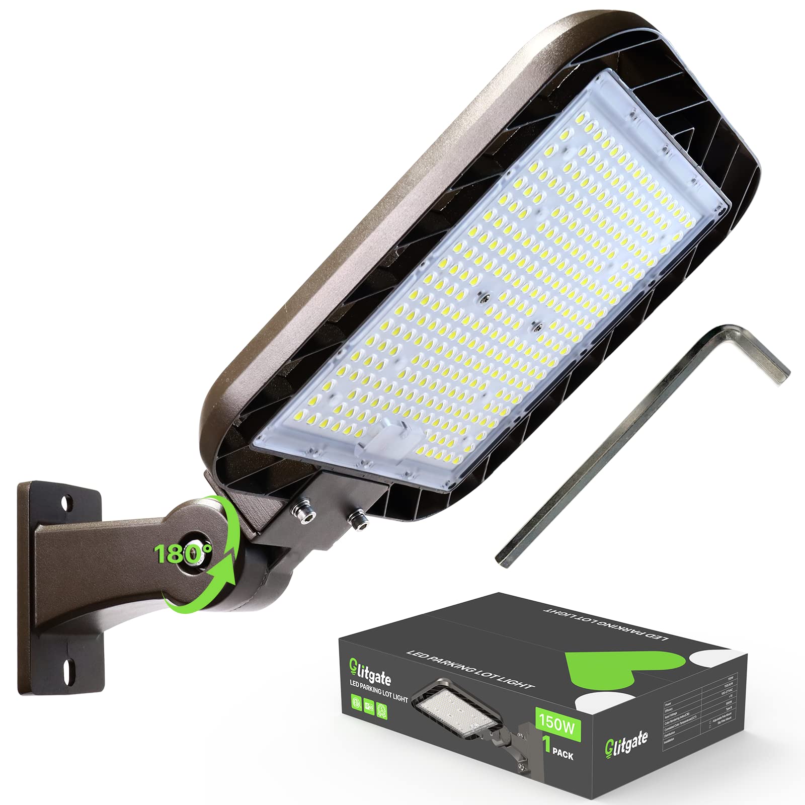 Glitgate 150W Parking Lot Light 22500LM 5000K Adjustable Arm Mount LED Street Light with Dusk to Dawn Photocell 100-277V IP65 Waterproof Shoebox Light for Yard Roadway