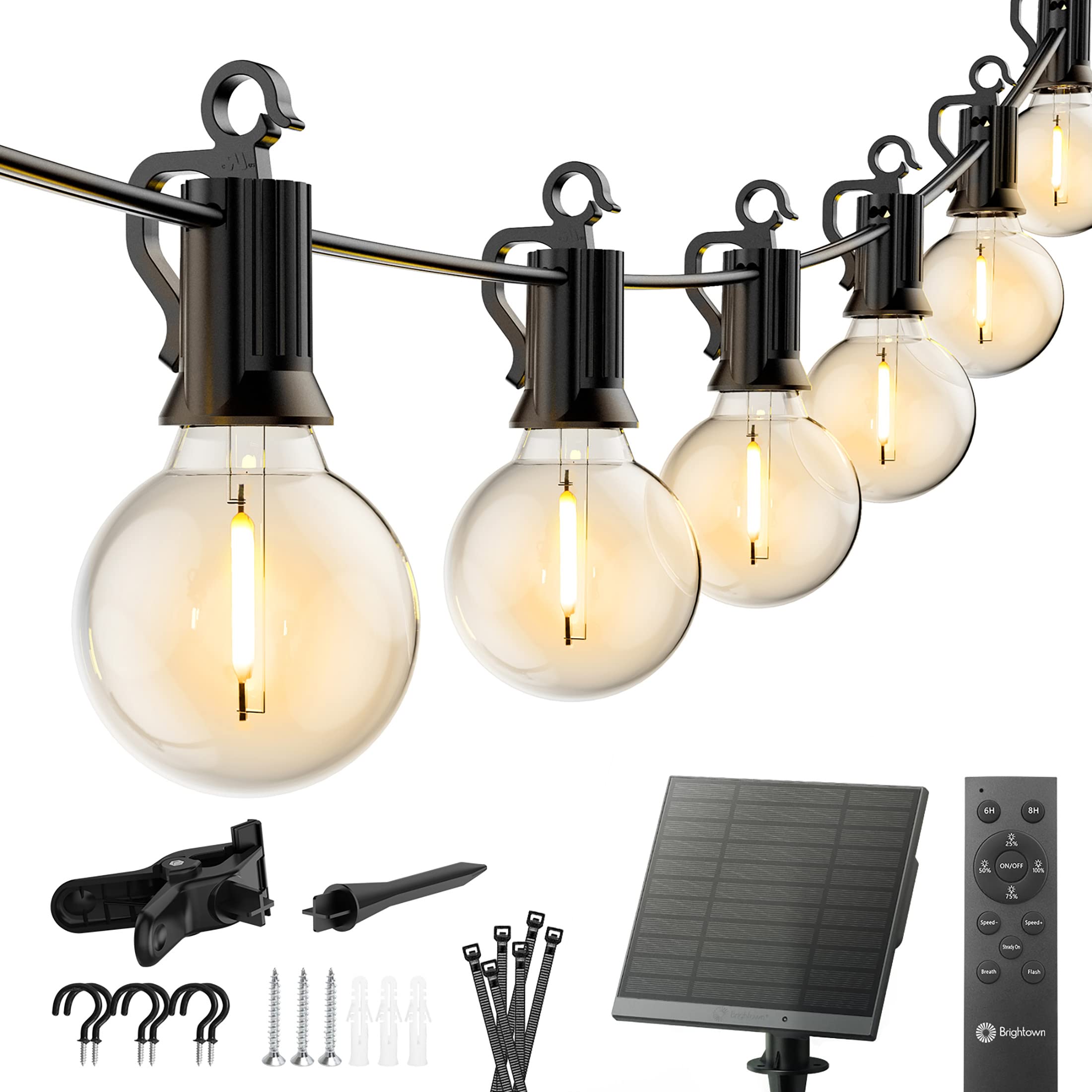 Brightown 58FT Solar String Lights with Remote, 26 Shatterproof LED Bulbs, Black Wire, Perfect for Outdoor Parties and Decor