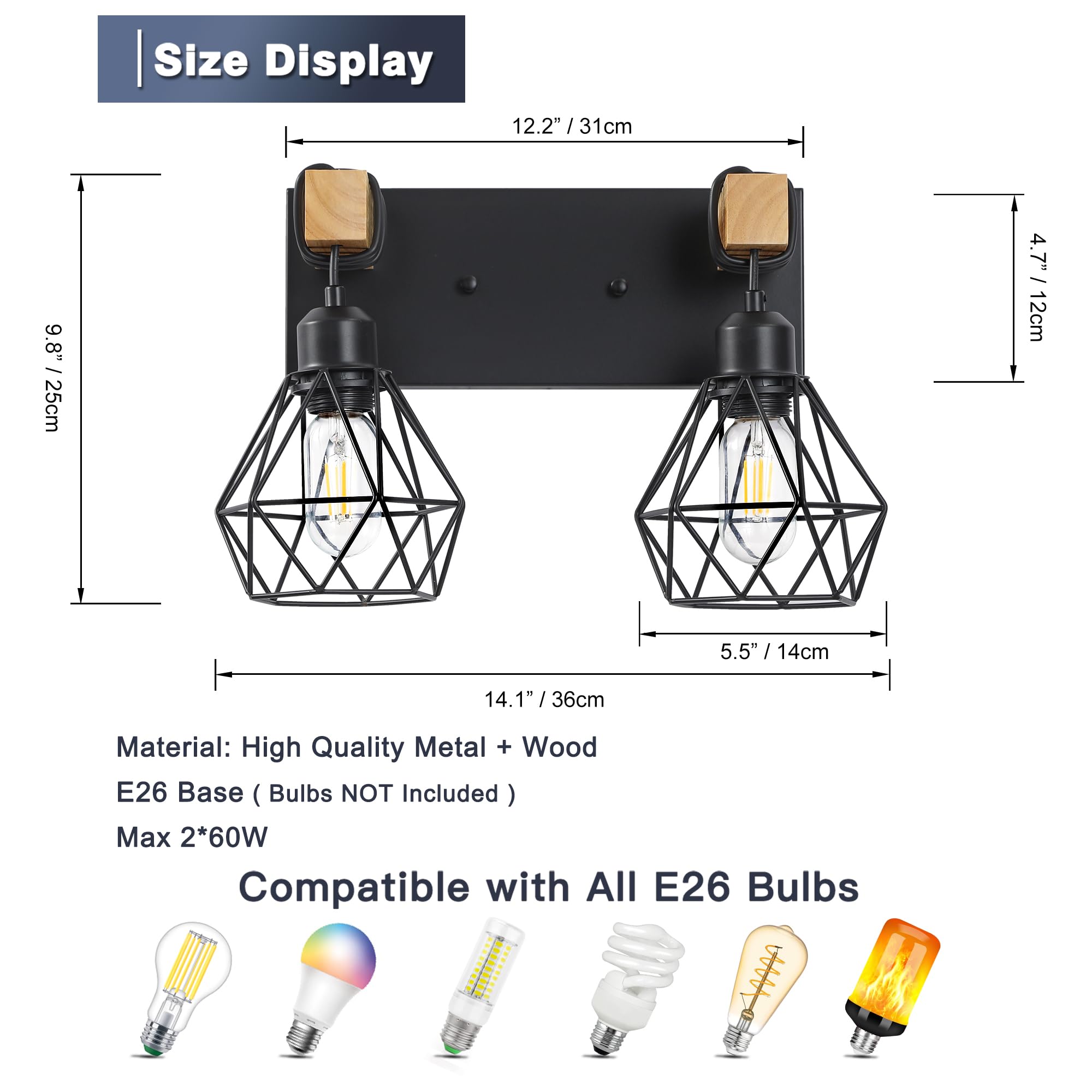 maesta Farmhouse Bathroom Vanity Light, 3-Light Metal Sconces, Black, Model A021-2
