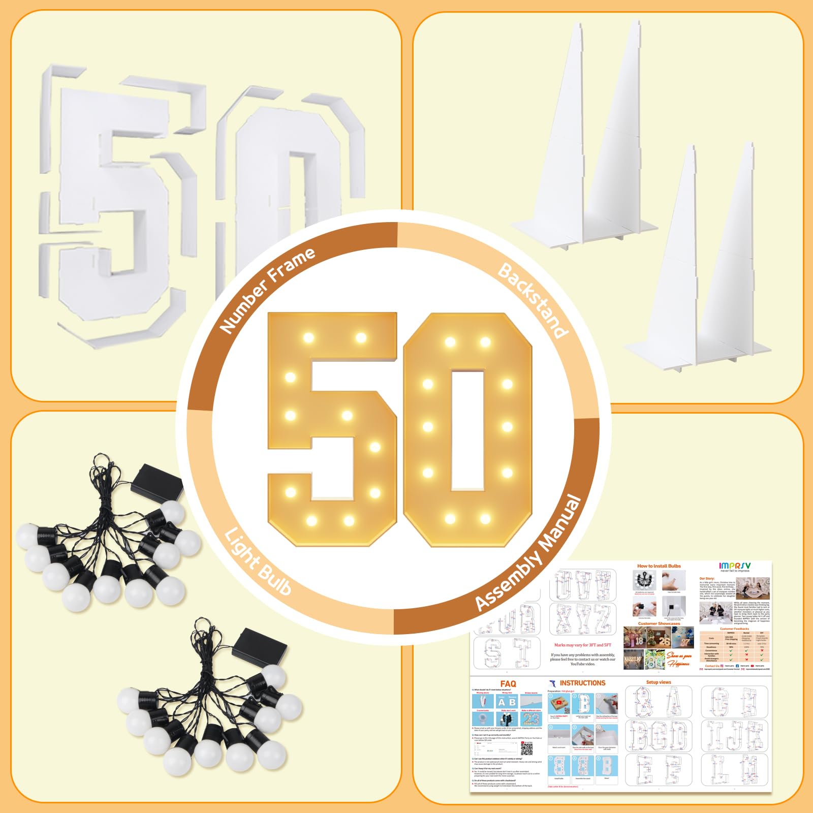 imprsv 4FT Light Up Numbers - Marquee Foam Board 50th Birthday Decorations for Men & Women, Anniversary Party Arch Kit