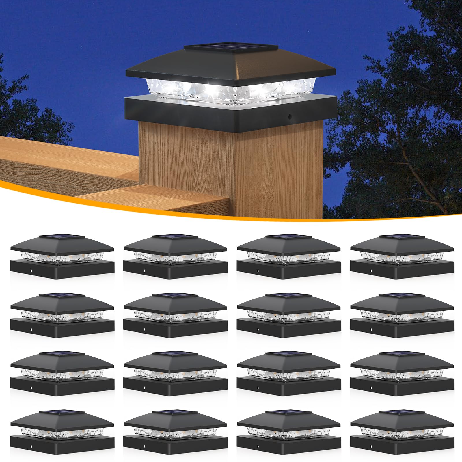 APONUO Solar Post Cap Lights, Bright White LED, IP64 Waterproof, 16 Pack, Black, Model TZ10W1