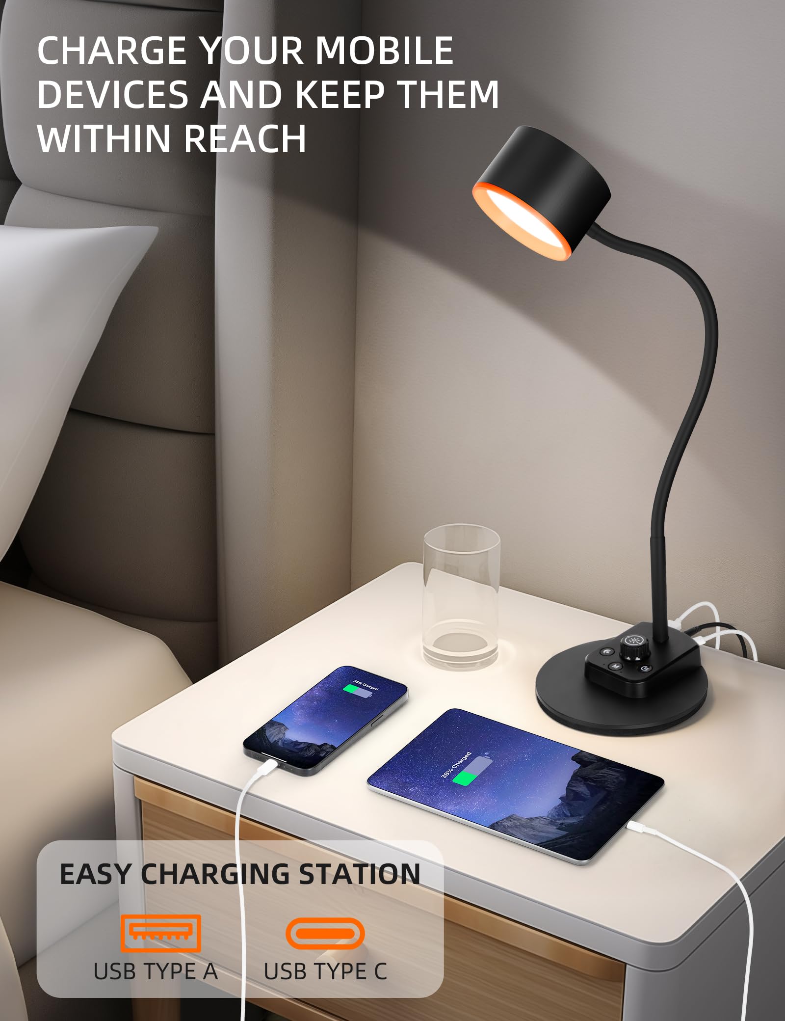 LiFMIRA LED Desk Lamp with USB C/A Ports, Dimmable Eye Care Reading Light, Gooseneck Design, Black, Model LA-2USB01