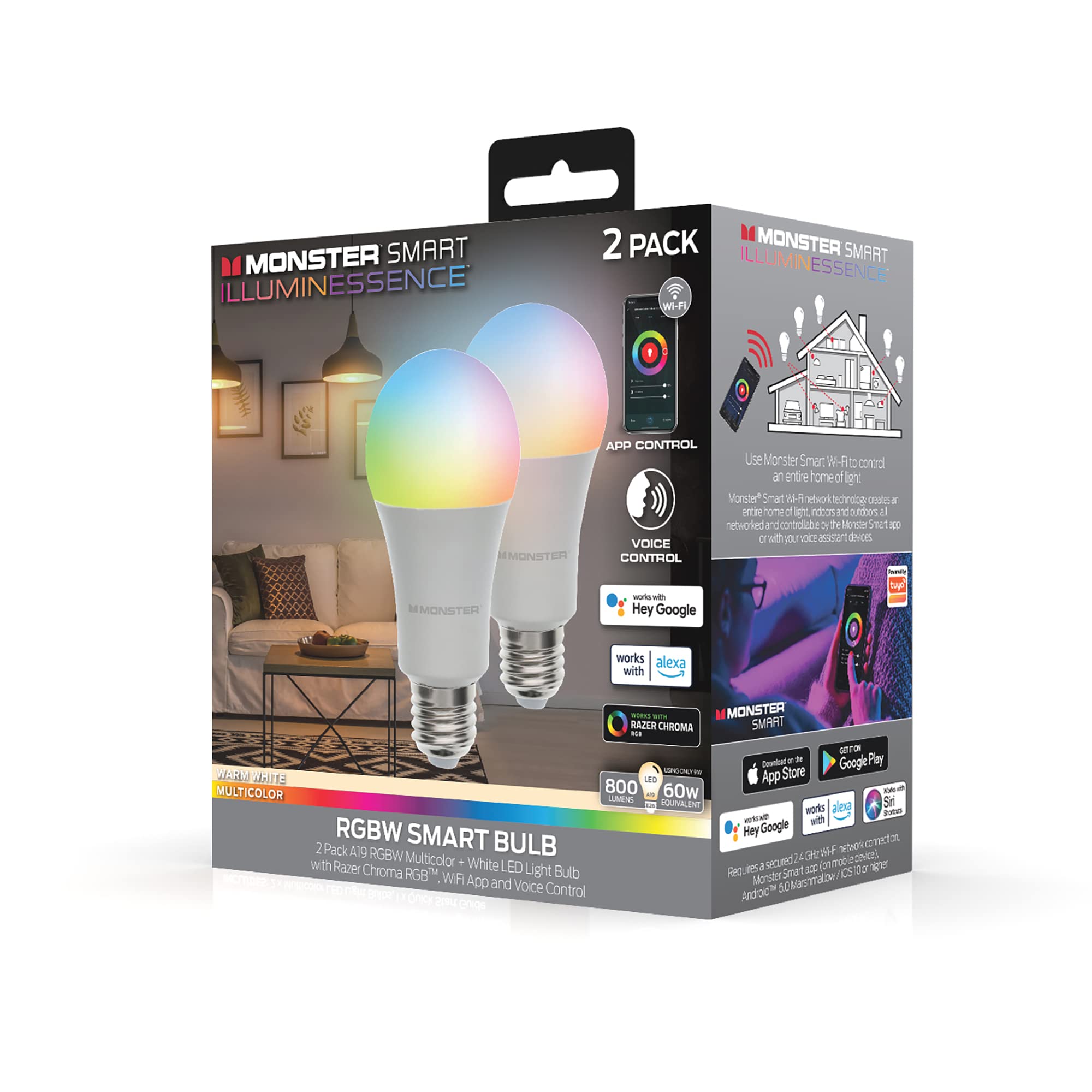 Monster Multi-Color And Warm-White Led Light Bulb, 16,000,000 Lighting Possibilities, Customizable With App, Compatible With Ale
