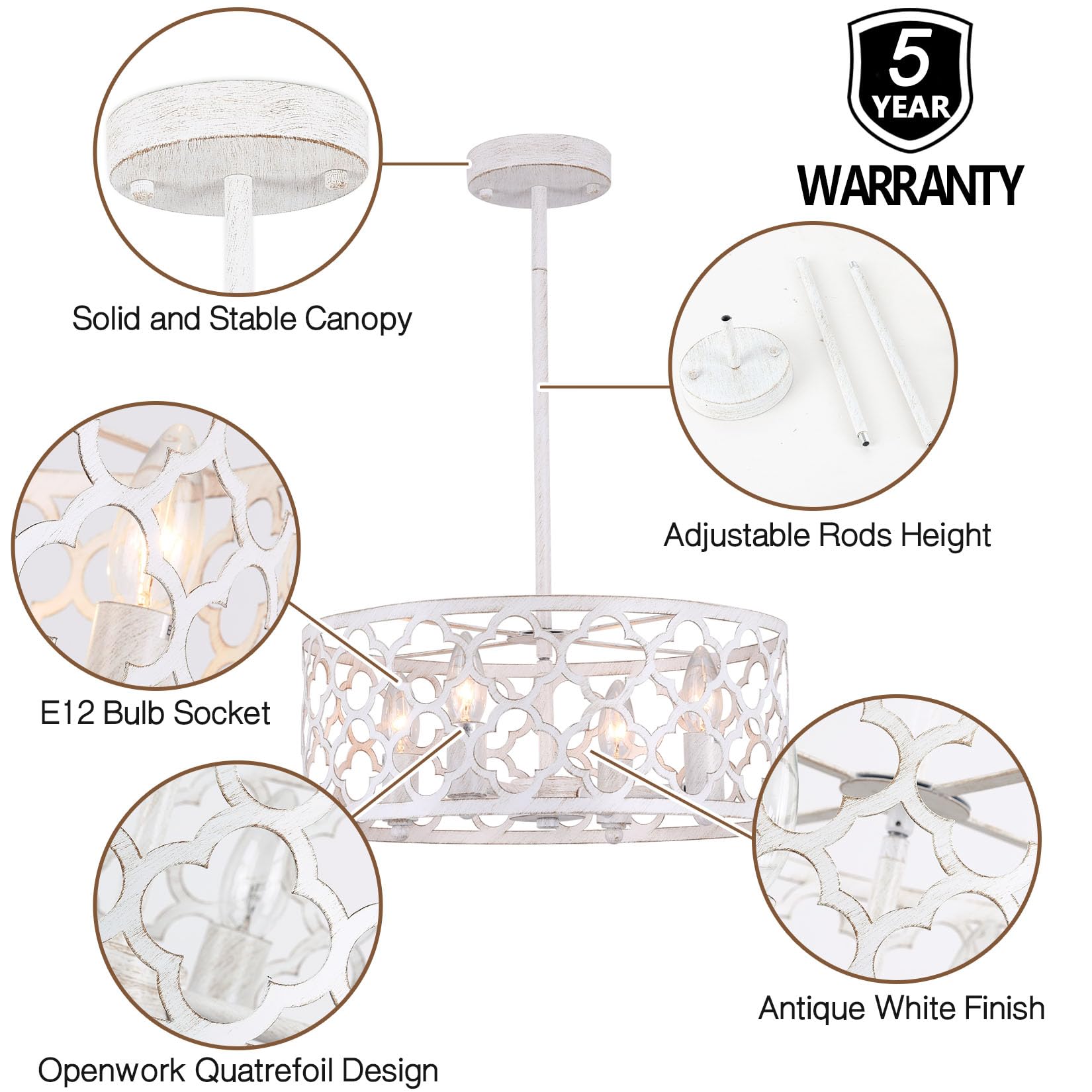 Bargeni 15&quot; Rustic Farmhouse Chandelier, 4-Light Antique White Ceiling Light For Dining & Entryway