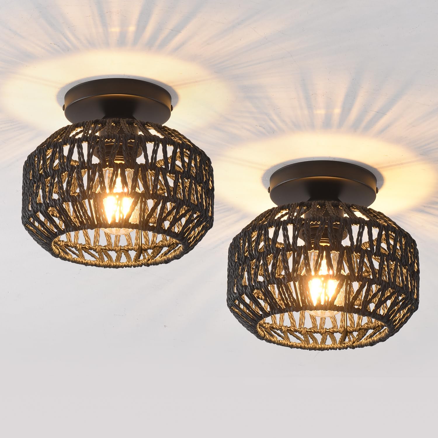 Ihengyanlt 2 Pack Farmhouse Light Fixtures Ceiling Mount,Mini Rattan Boho Semi Flush Mount Ceiling Light,Hand Woven Hallway Ligh
