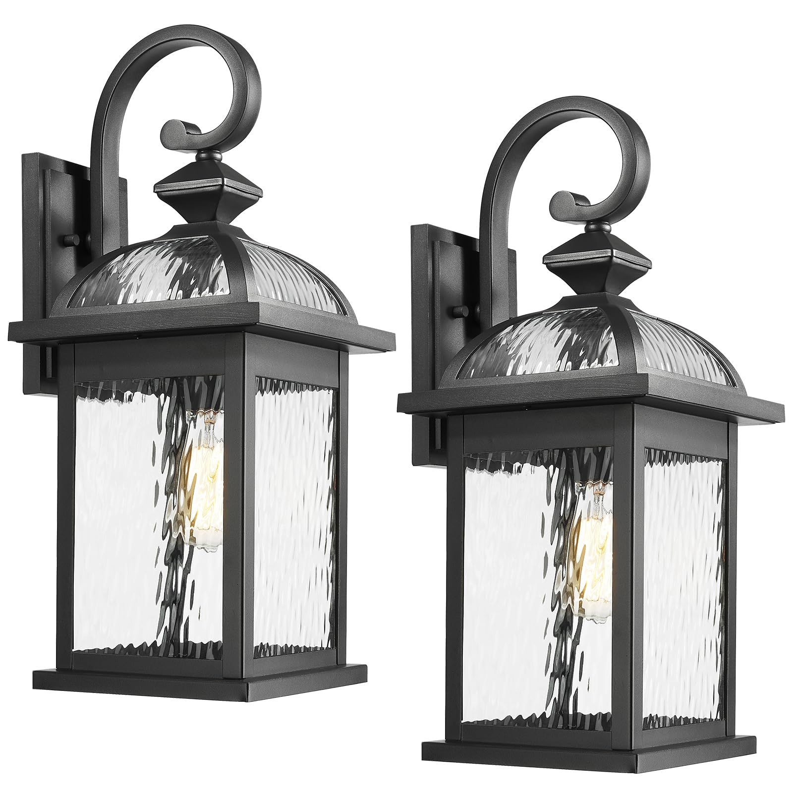 Darkaway Outdoor Wall Sconce Lights, 22in Water Ripple Glass, 2 Pack, Black Aluminum, Model 6D5B-M-2PK BK+SW