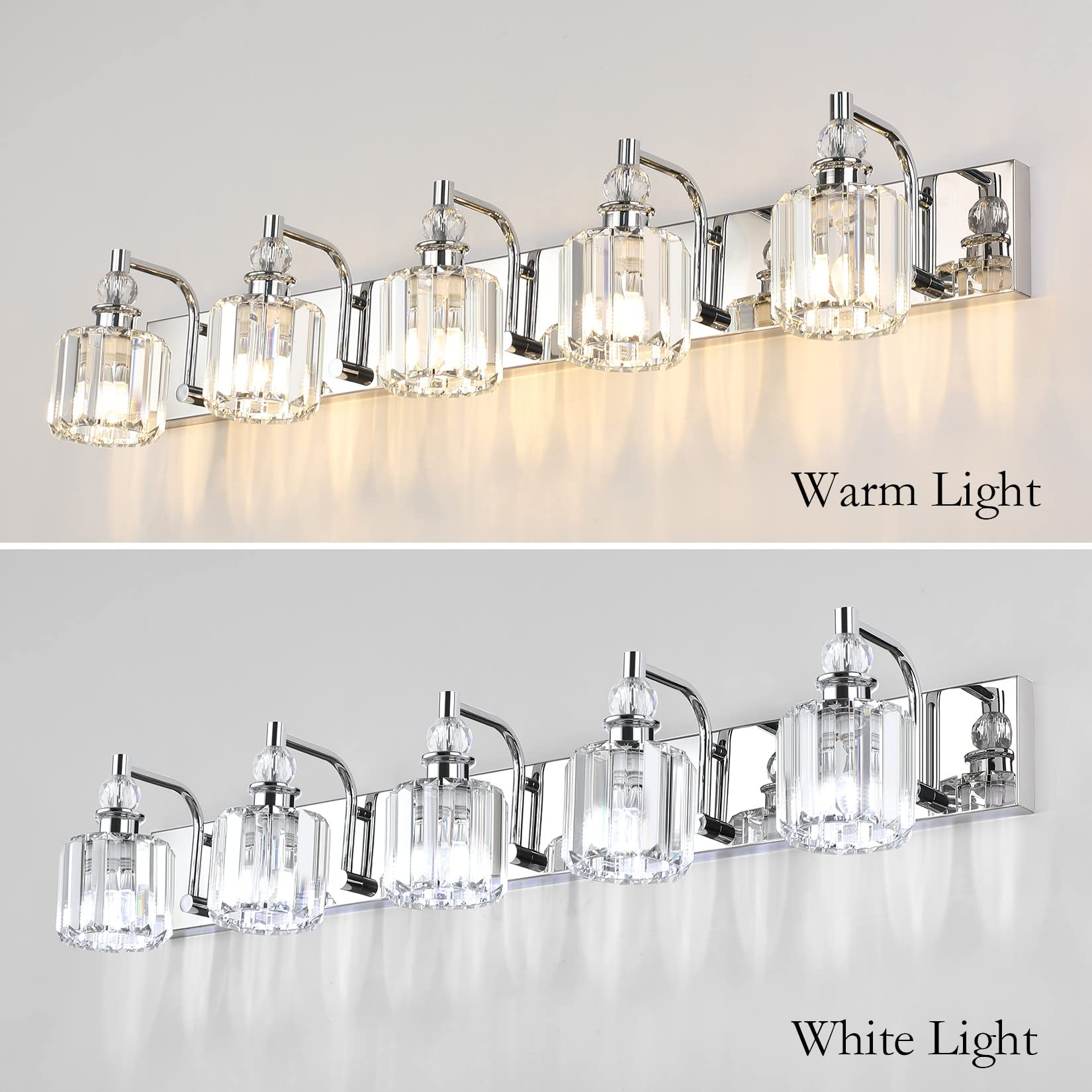 Ralbay 40" Modern Crystal Vanity Light 5 Bulbs Chrome Bathroom Fixture Over Mirror