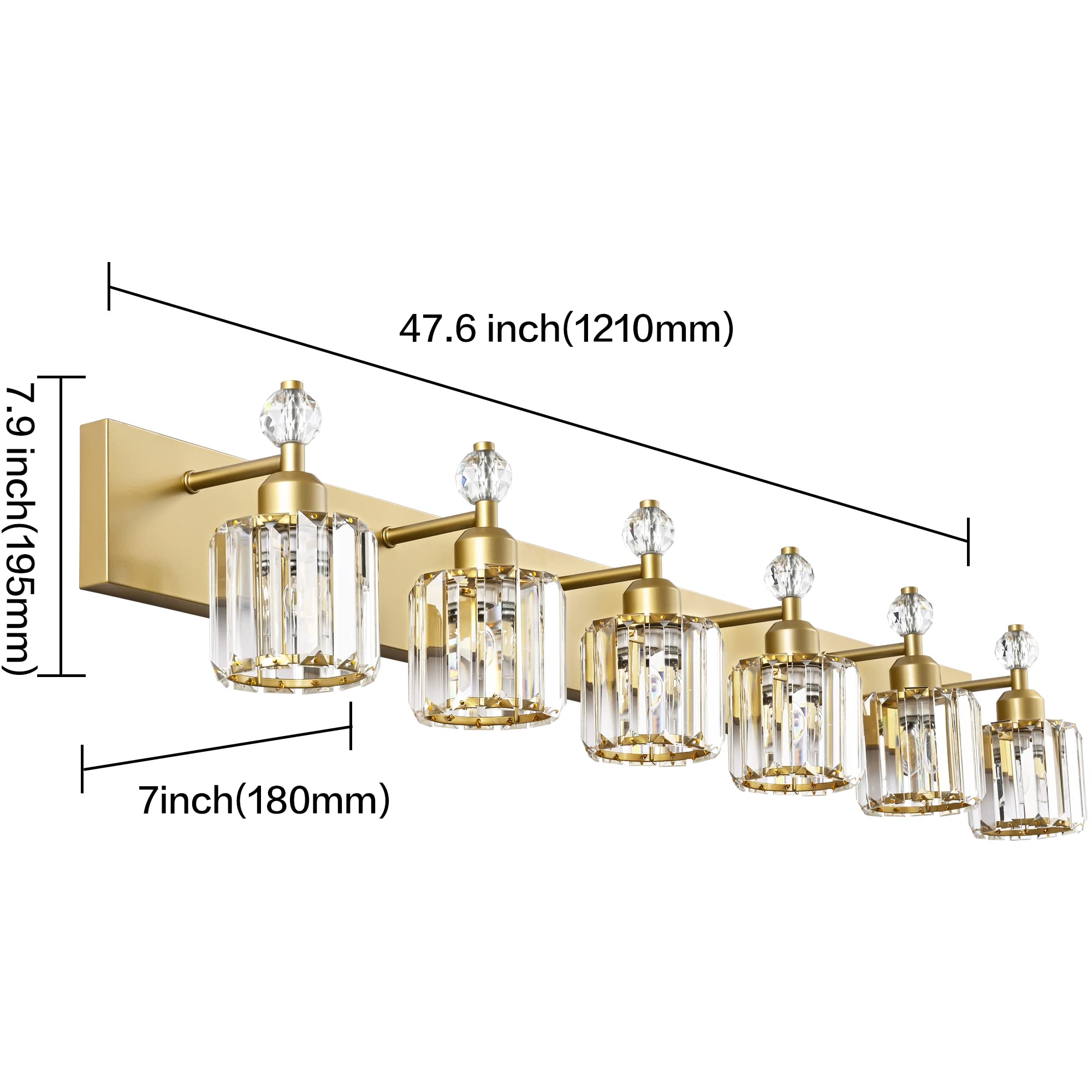 PRESDE 6-Light Bathroom Vanity Light Modern Gold Crystal Fixtures Over Mirror, Stainless Steel, Gold Finish