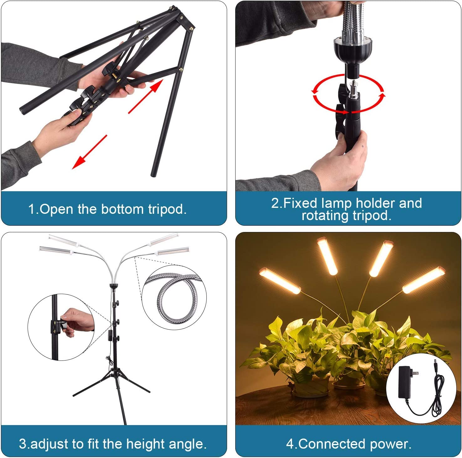 ANDOHAI LED Grow Lights for Indoor Plants, Full Spectrum, 420 LEDs, 4 Heads, Adjustable Tripod, GL-1 Model