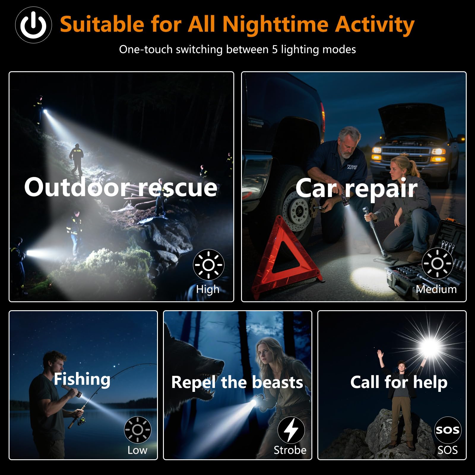 SKYFIRE Rechargeable Flashlight 3000lm LED Super Bright Tactical Waterproof Black