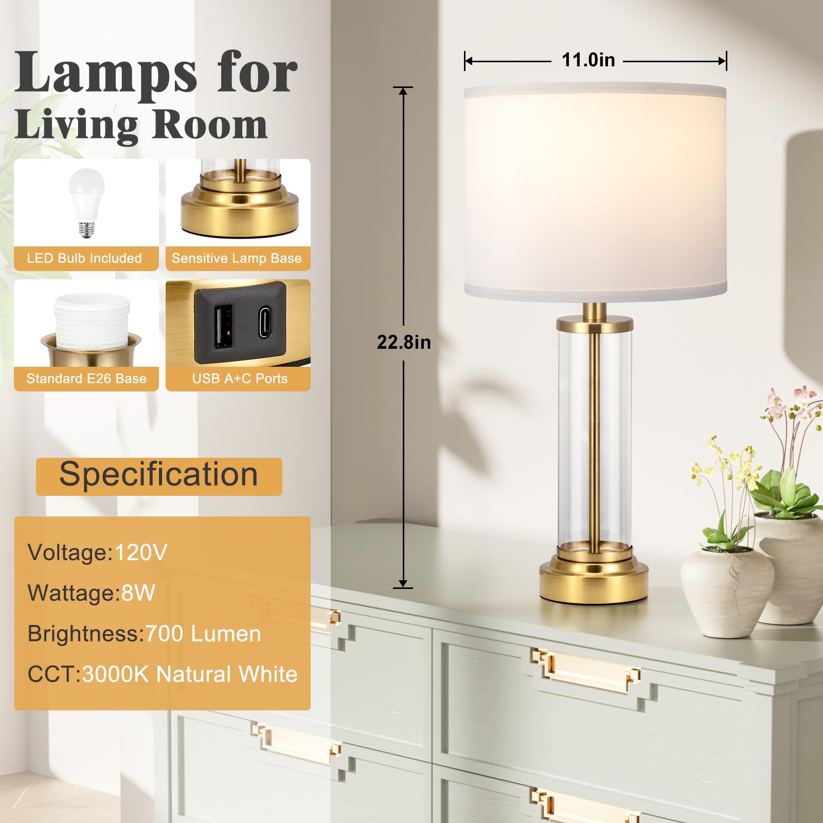 Gold Bedroom Lamps Set Of 2 - Touch Bedside Lamp For Night Stands With Usb C+A, 3 Way Dimmable Nightstand Table Lamps For Living