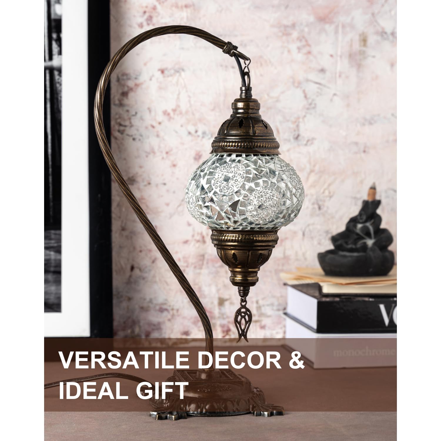 Kafthan Turkish Mosaic Lamp – Handmade Glass Bedside Lamp, Antique Brass Base, White Circles, Model ASNML50369, Bulb Included