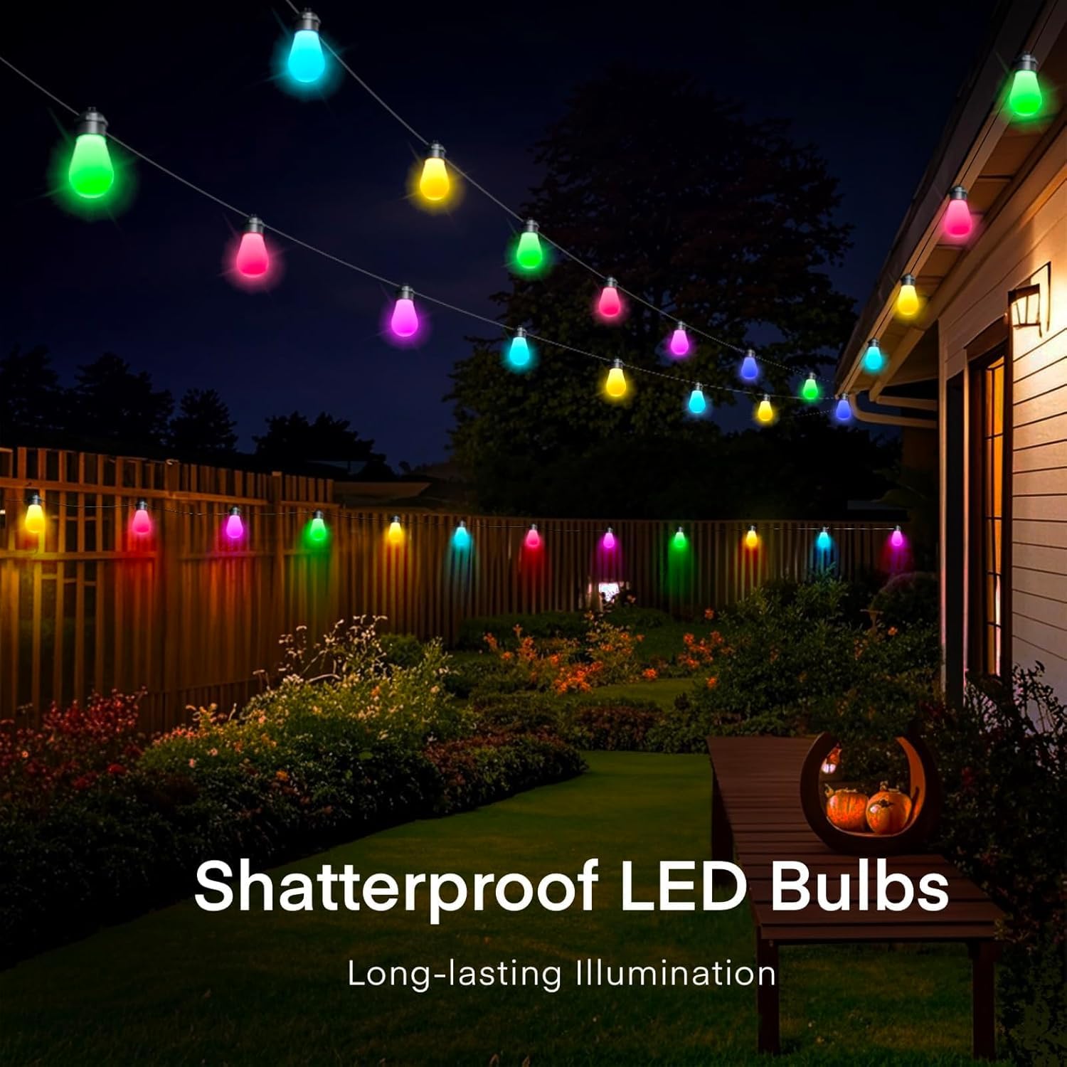 Honche Smart Outdoor String Lights, 36FT RGB LED, 15 Dimmable Bulbs, Waterproof, Remote/App Control, Color Changing for Patio & Garden