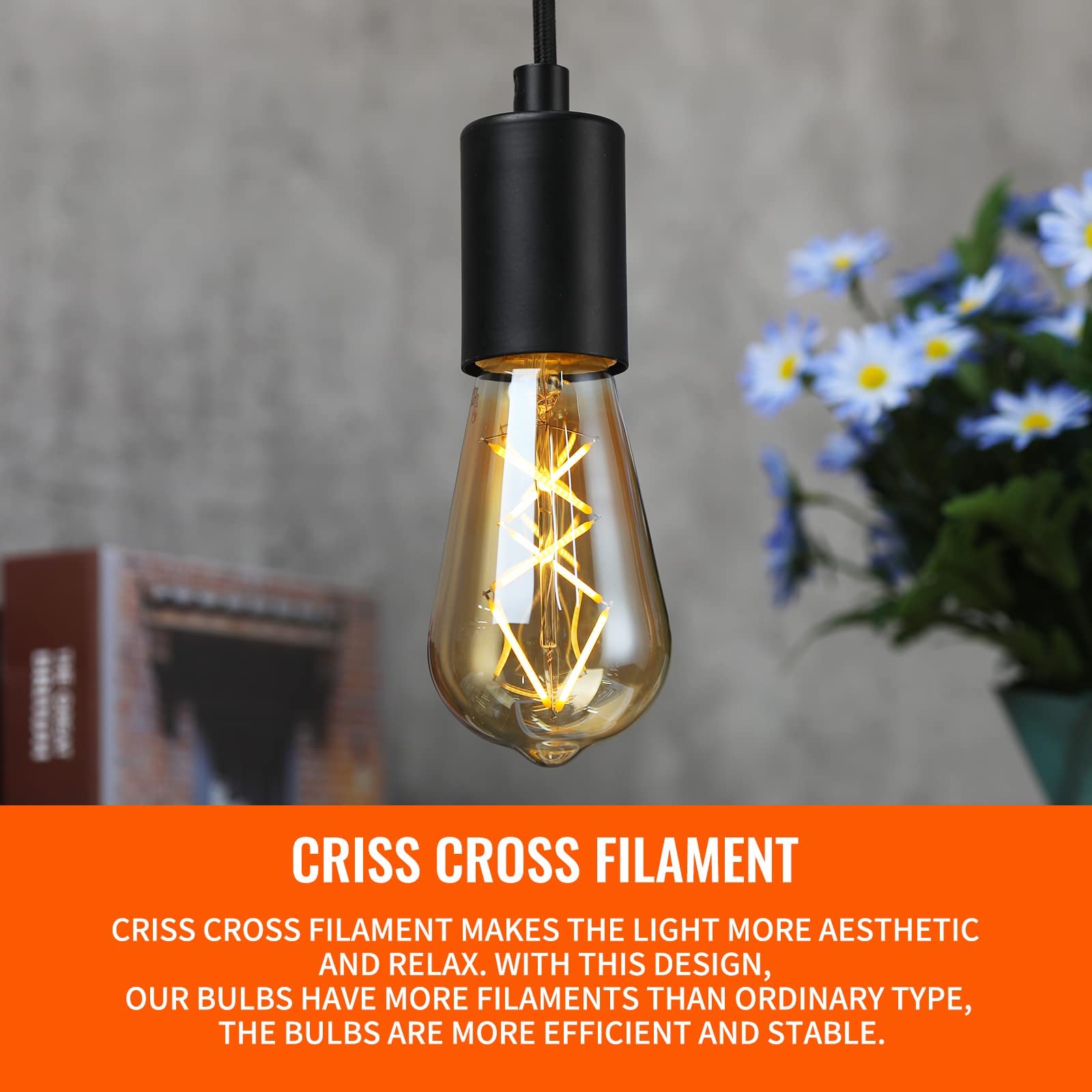 Omed Led Edison Light Bulb 18 Pack, Dimmable Vintage Style Amber Glass Criss-Cross Filament Led Bulbs, 60 Watt Equivalent 2700K