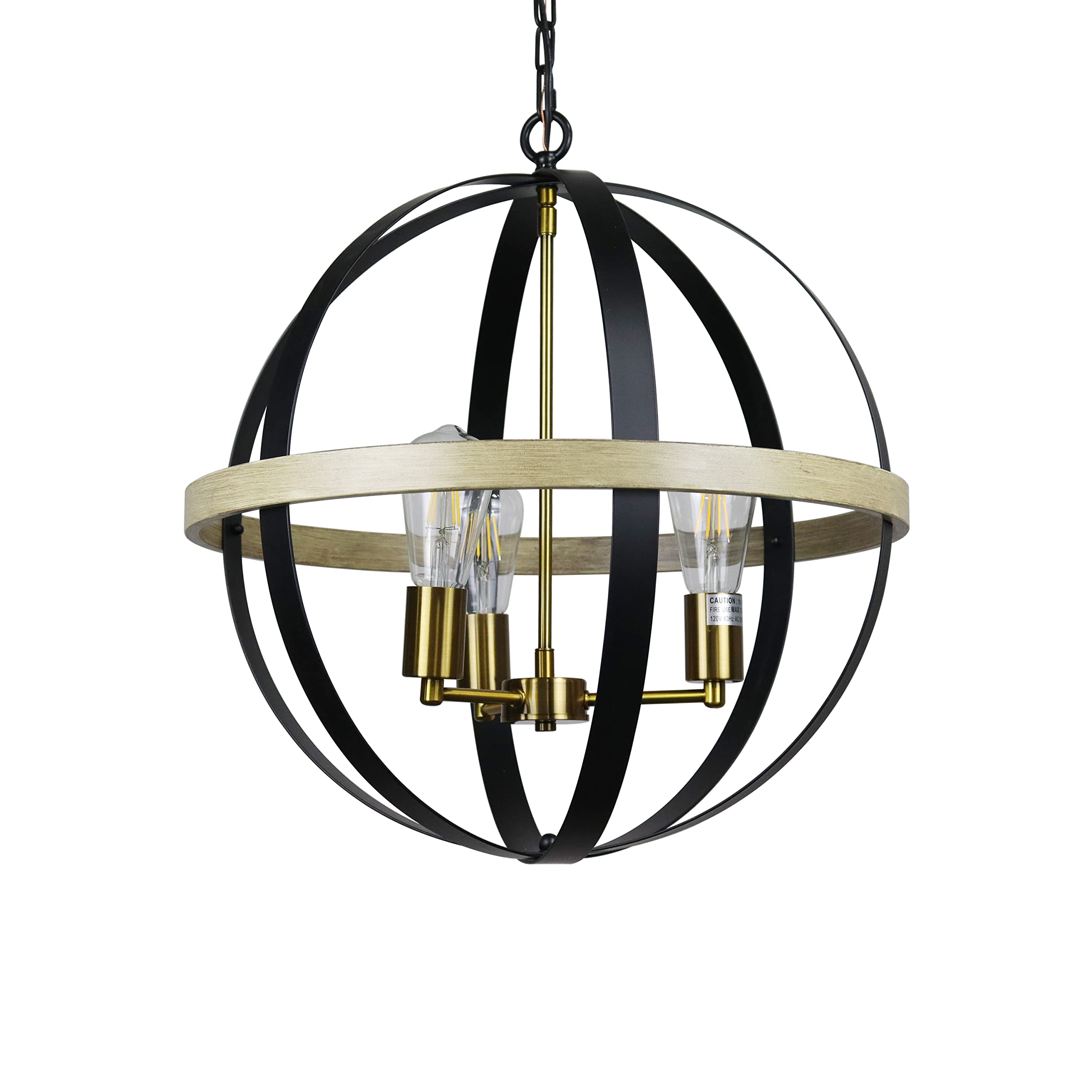 Chloe Lighting 3 Light Pendant, Farmhouse Style, 20in Wide, Matt Black/Brass/Wood, Model CH6H812TT20-UP3