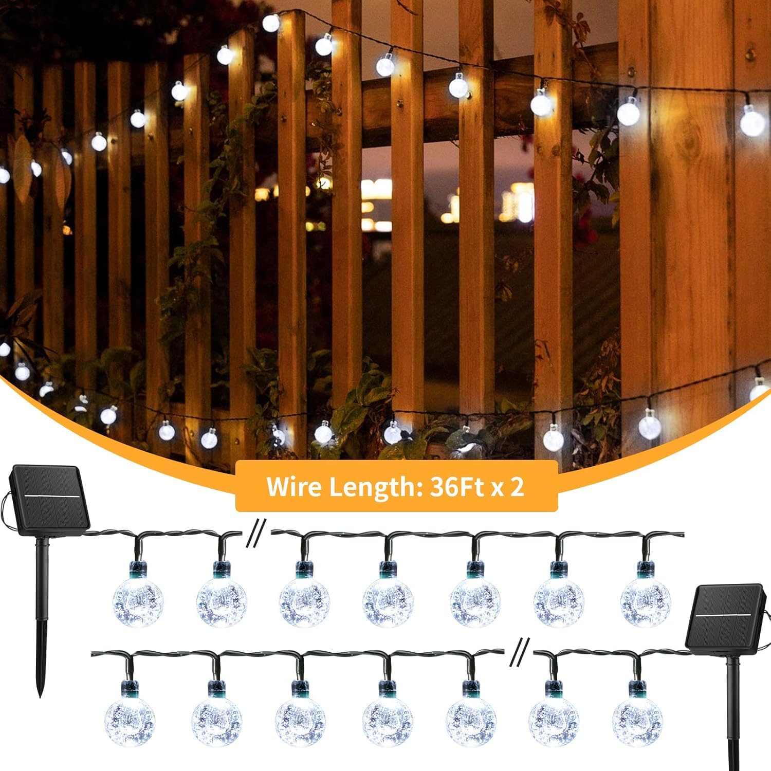 Brightown 2-Pack 120 Led 72 Ft Solar String Lights Outdoor, Crystal Globe Lights With 8 Lighting Modes, Waterproof Solar Powered Patio Lights For Garden Yard Porch Wedding Party Decor (Pure White)