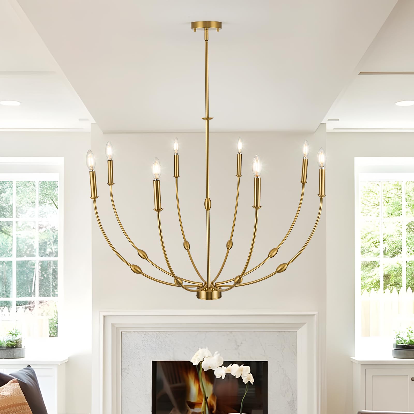 Acaner 8-Light Modern Gold Candle Chandeliers, 35 Inch Large Brass Chandelier For Dining Room, High Ceiling Pendant Light Fixtur
