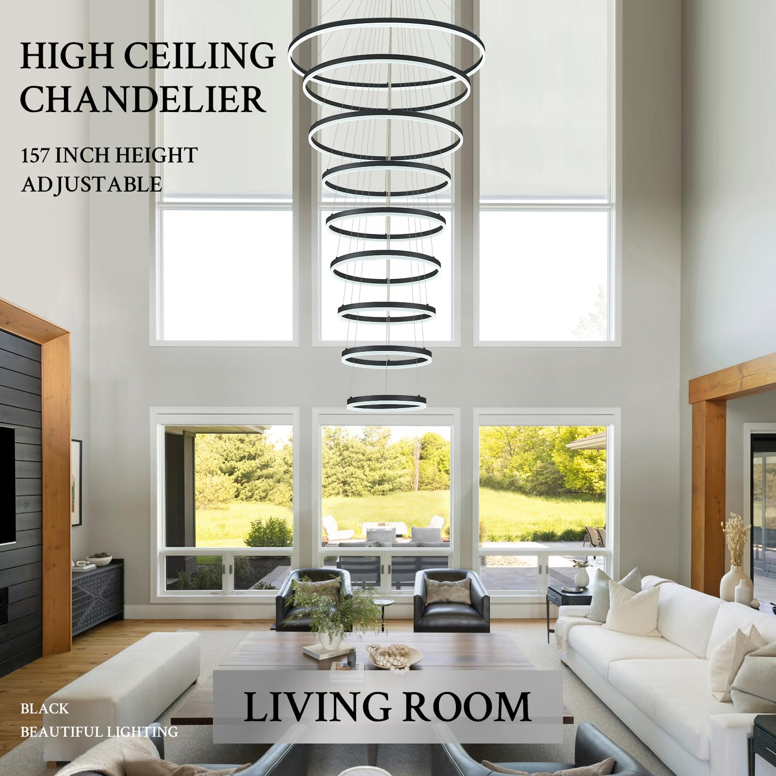 Sparklelf LED Chandelier, 9 Rings, Dimmable, 39.4in, Black, Acrylic, Remote Control, 3000K-6500K for High Ceilings