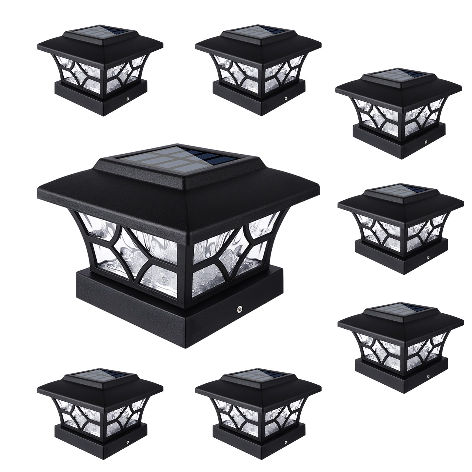 VOLISUN Solar Post Cap Lights, 4x4 Outdoor Fence Post, Black, 8 Pack, Waterproof, Cool/Warm White, Model ZM-M001B-8PK