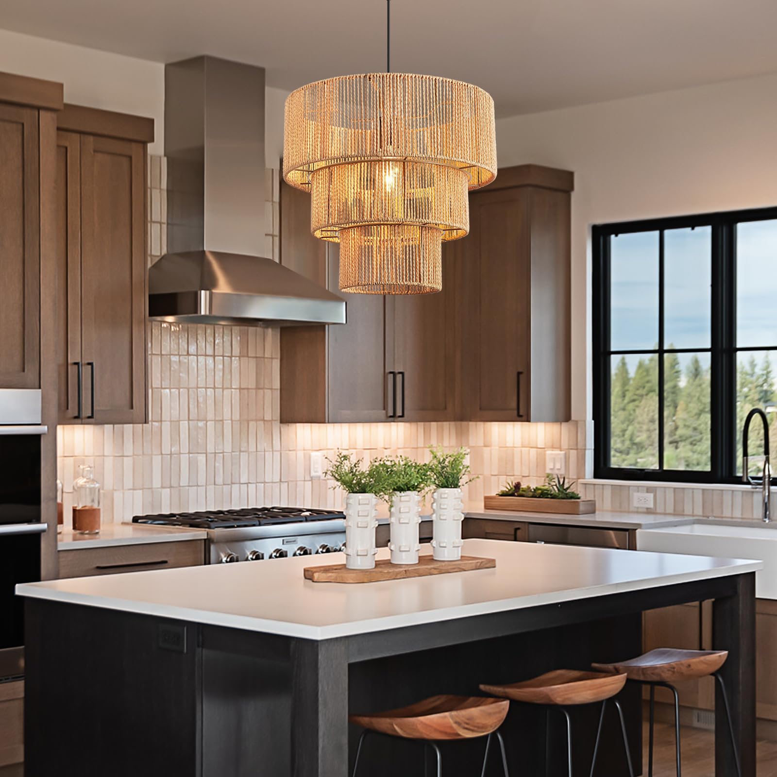 Foucasal Boho 3-Tier Rattan Pendant Light Chandelier For Kitchen & Dining Room, Brown