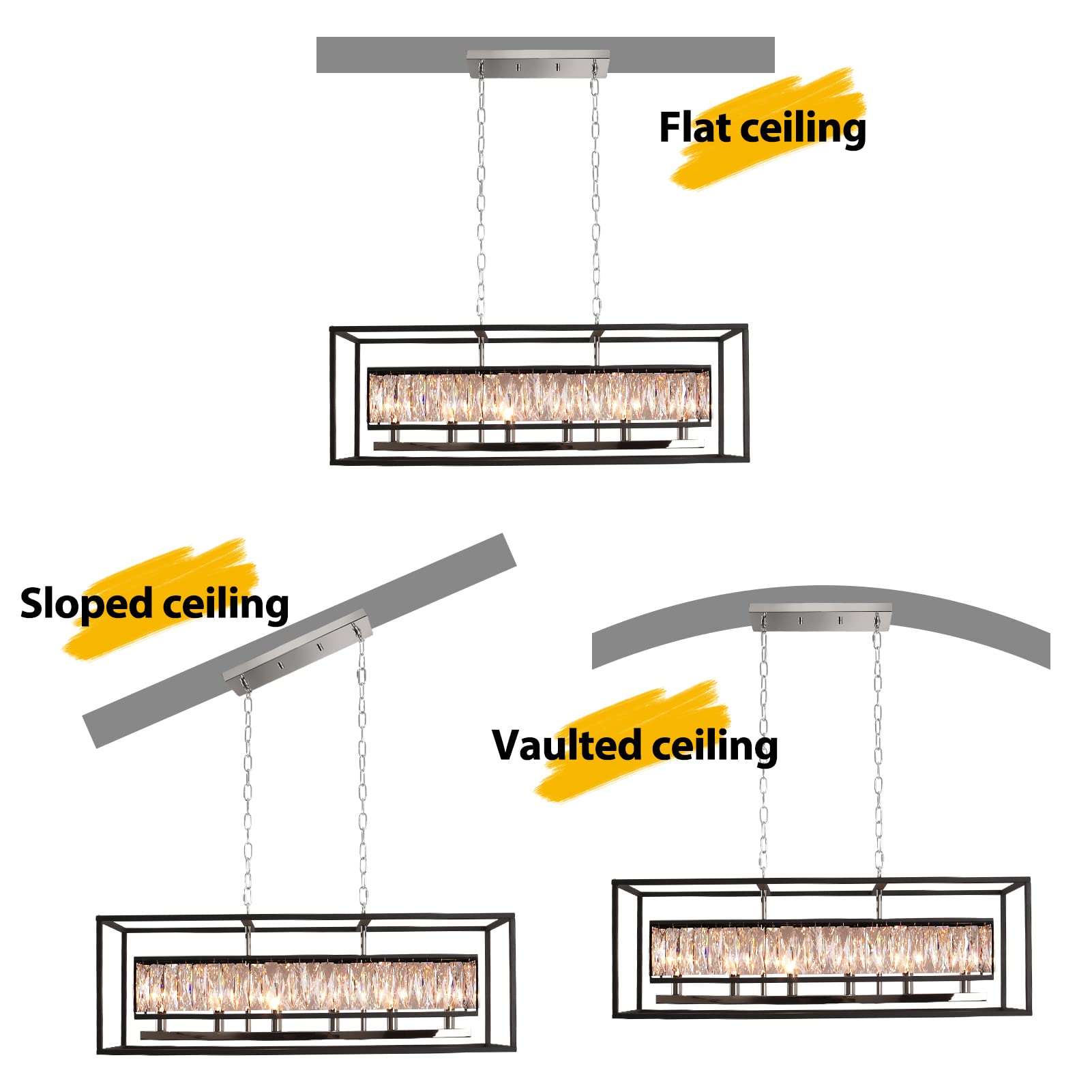 Vezzio 6-Light Crystal Chandelier - Black Rectangle Pendant Light for Dining Room & Kitchen Island, Large, Model 1