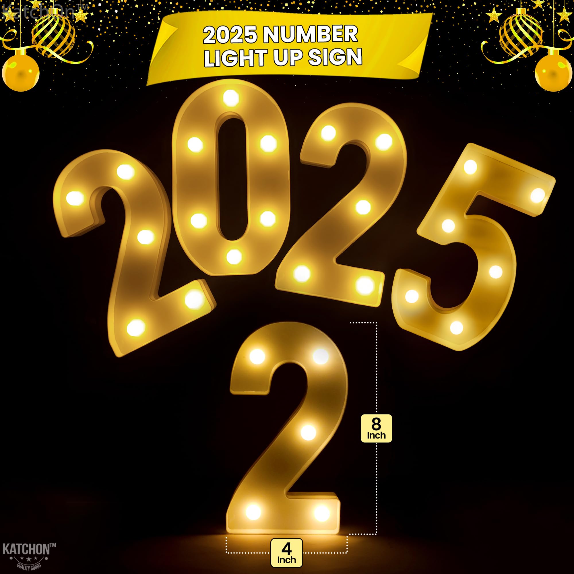 KatchOn LED Light Up Numbers 2025 Sign | 8.2 Inch Graduation Decoration | 2024 Light Color | Model KA-N24-PL-GD-HNYLGT