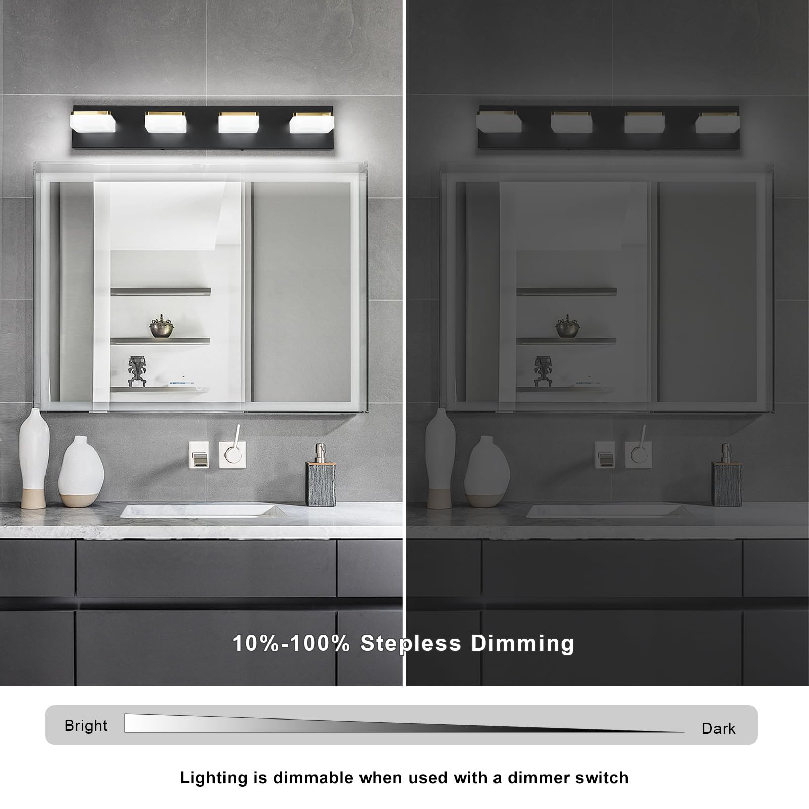 Bicrink 4-Light Dimmable Led Bathroom Vanity Fixture In Black/Gold With White Acrylic Shades  Rotatable Head  Sconce-Style Over-Mirror Lighting 5500K