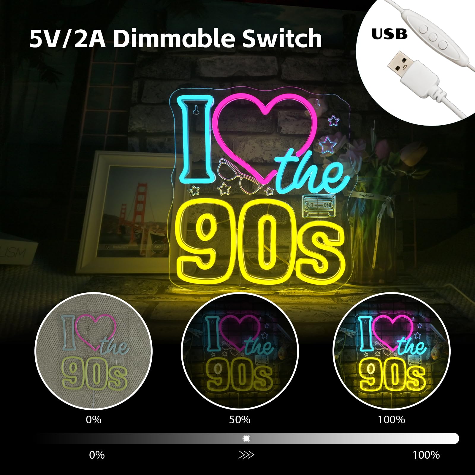 Looklight Neon Sign - Dimmable 90s Wall Decor, Colorful LED Light, 11.41inx12.6in, Acrylic, Retro 90s Theme
