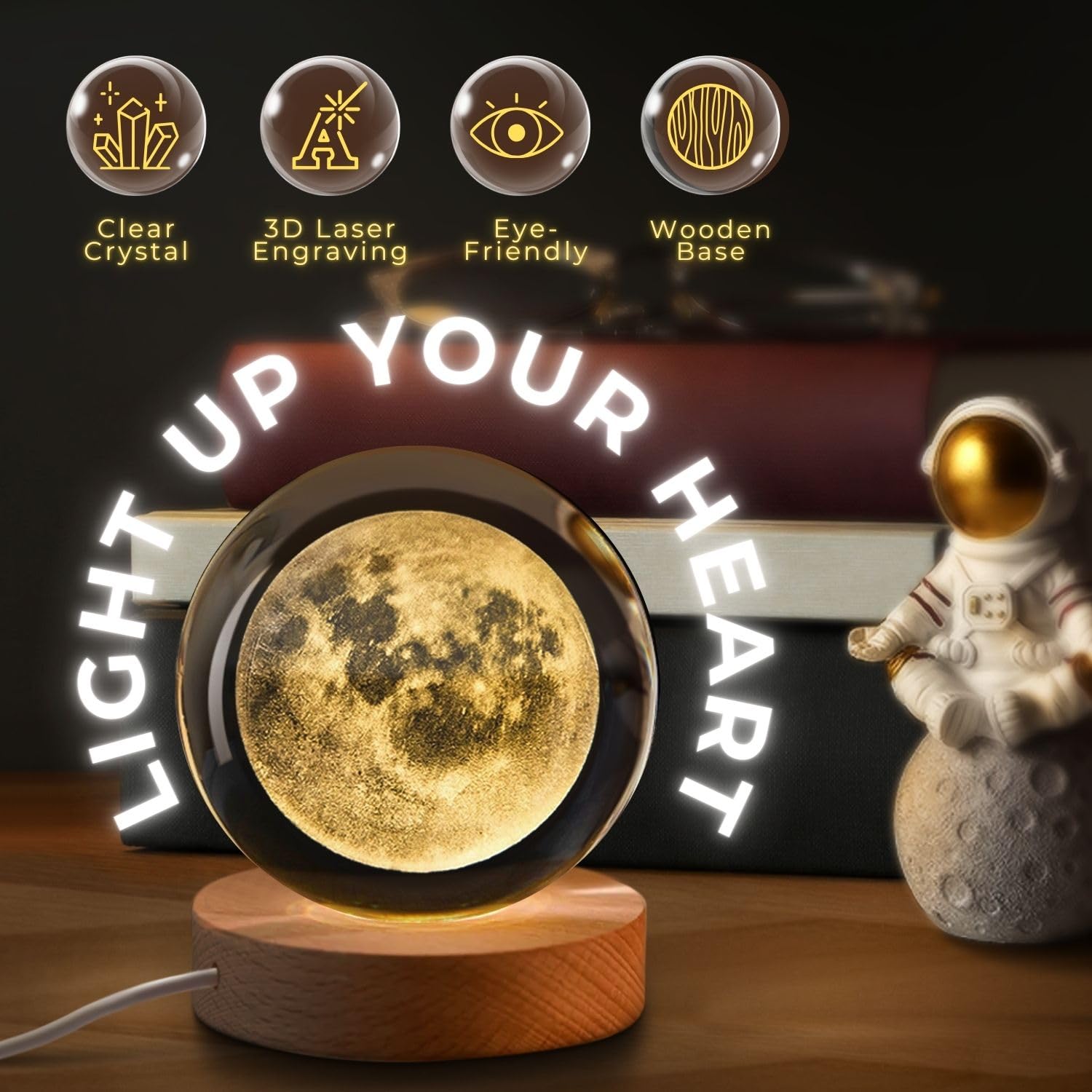 Flexzion 3D Moon Crystal Ball Night Light - Led Light Hologram Glass Lamp With Solid Wood Base, Usb Powered Crystal Ball Lamp Wi