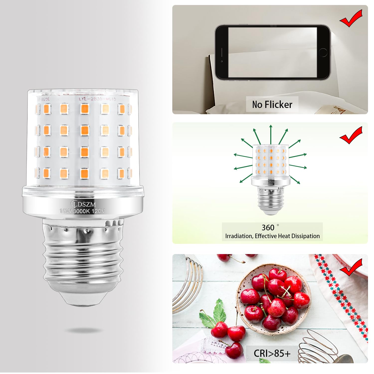 Ldszm Small Light Bulb A15/G45 Shape Size Super Bright 15W Led Corn Bulbs 120 Watt Equivalent 1200Lm Warm White 3000K E26/E27 Ba