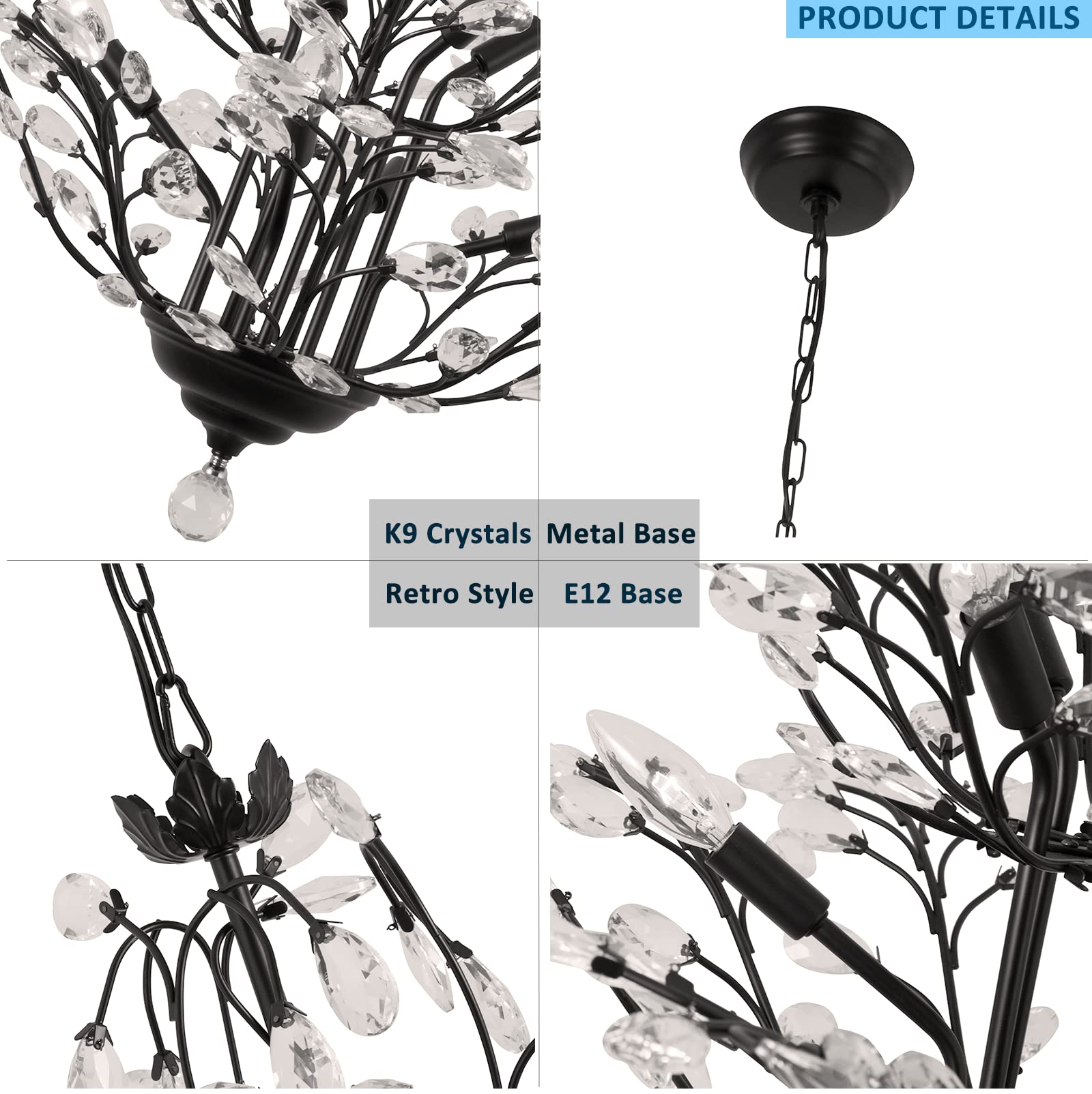 Maxax Vintage Crystal Branch Chandelier, 8-Light, Metal, Black, Model 19171-8BK, Adjustable Pendant Lighting for Dining Room, Living Room, Bedroom