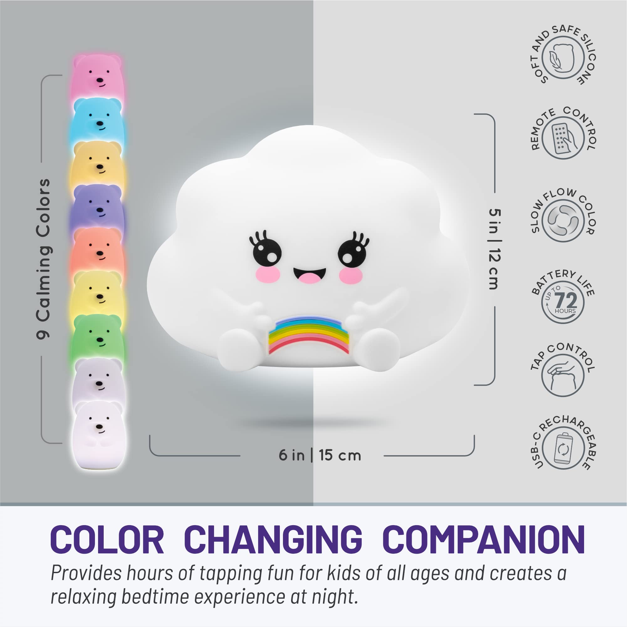 Lumipets Kawaii Cloud Silicone Night Light, Rechargeable, Color Changing, Remote Control, 12 Hour Battery, Toddler Room Decor, Multicolor, Lumipets24
