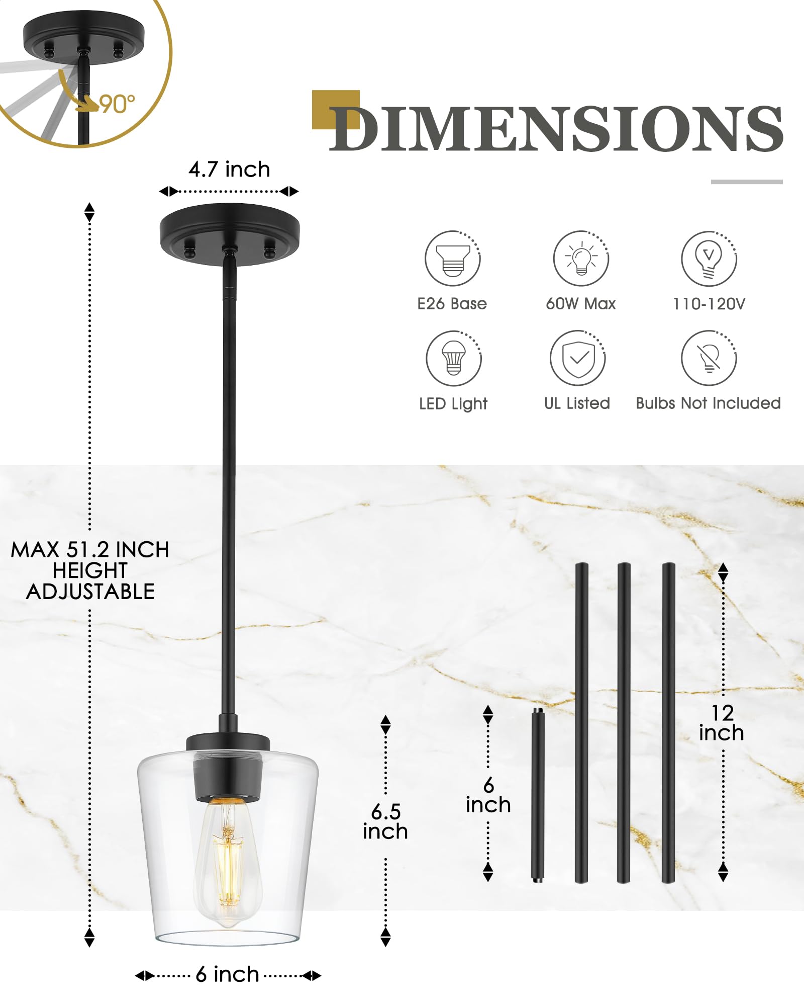 Audickic Black Pendant Lights Kitchen Island, 6'' Hanging Lights Fixtures With Clear Glass Shade, Modern Kitchen Pendant Lightin