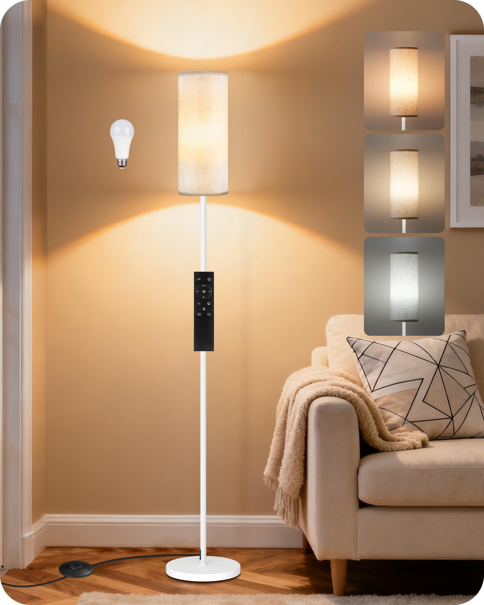 GOEBLESON White Floor Lamps for Living Room with Remote and Foot Switch, 64.4    Modern Standing Tall Lamp, Dimmable Corner Lamp