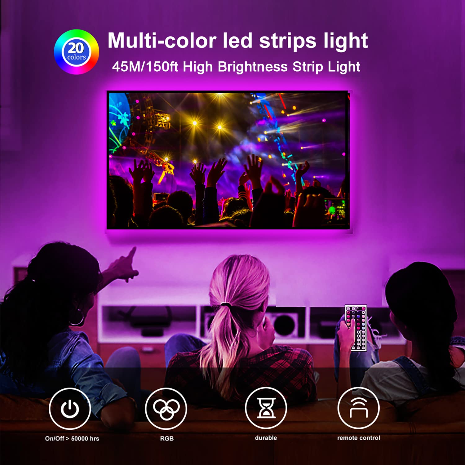 DAYBETTER 5050 RGB LED Strip Lights - Color Changing, 150ft Length, Infrared Remote Control
