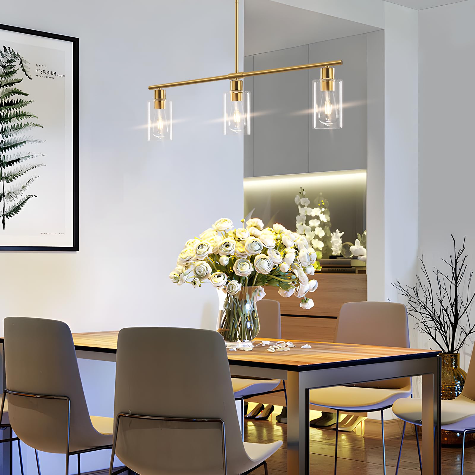 Yarlkav 3-Light Kitchen Island Lighting - Gold Metal Linear Chandelier with Glass Shades, Model D0068-3-BR for Dining Room