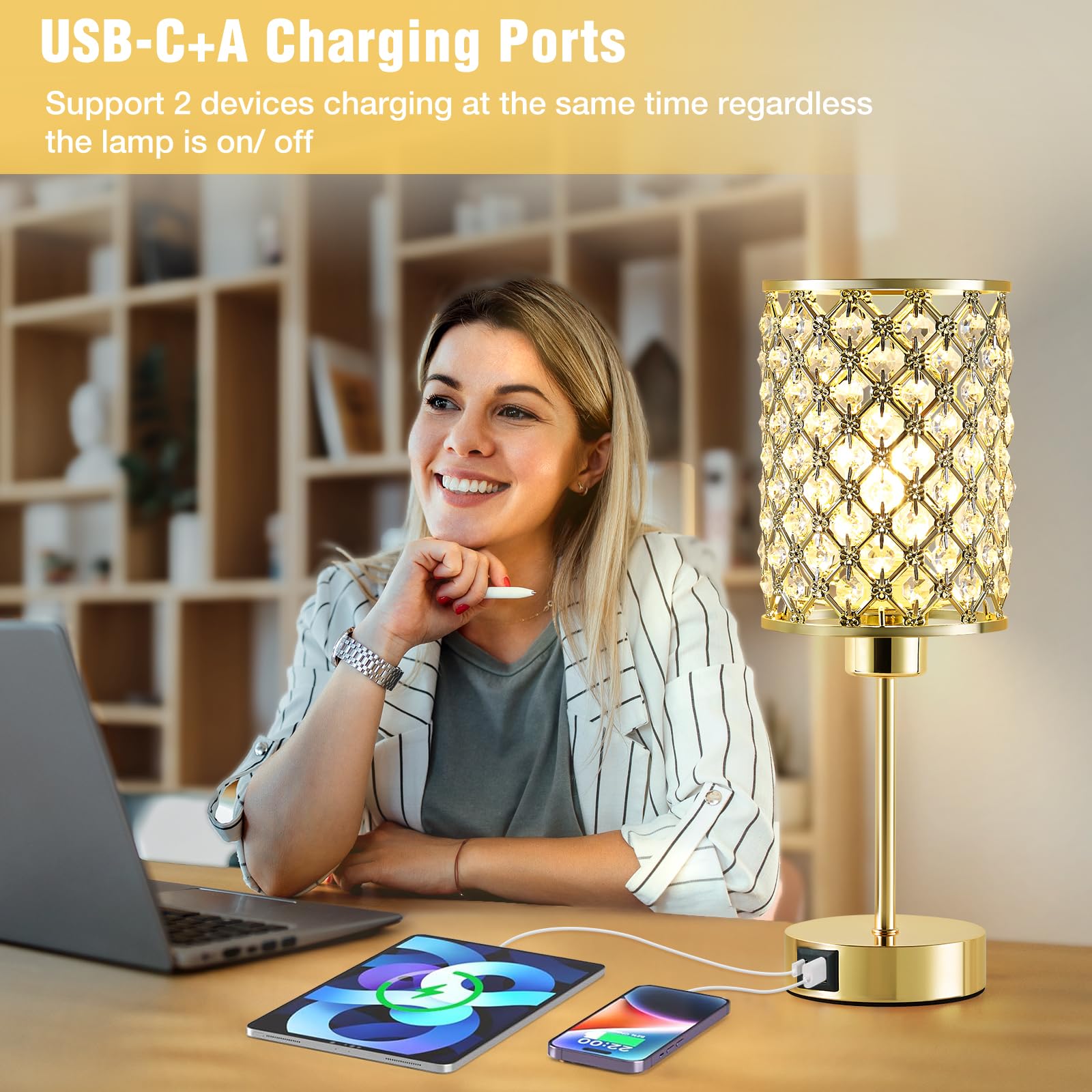 Crystal Table Lamp, Gold Touch Lamp For Nightstand With Usb C+A Ports, 3 Way Dimmable Lamp With Crystal Shade, Bedside Lamp Smal