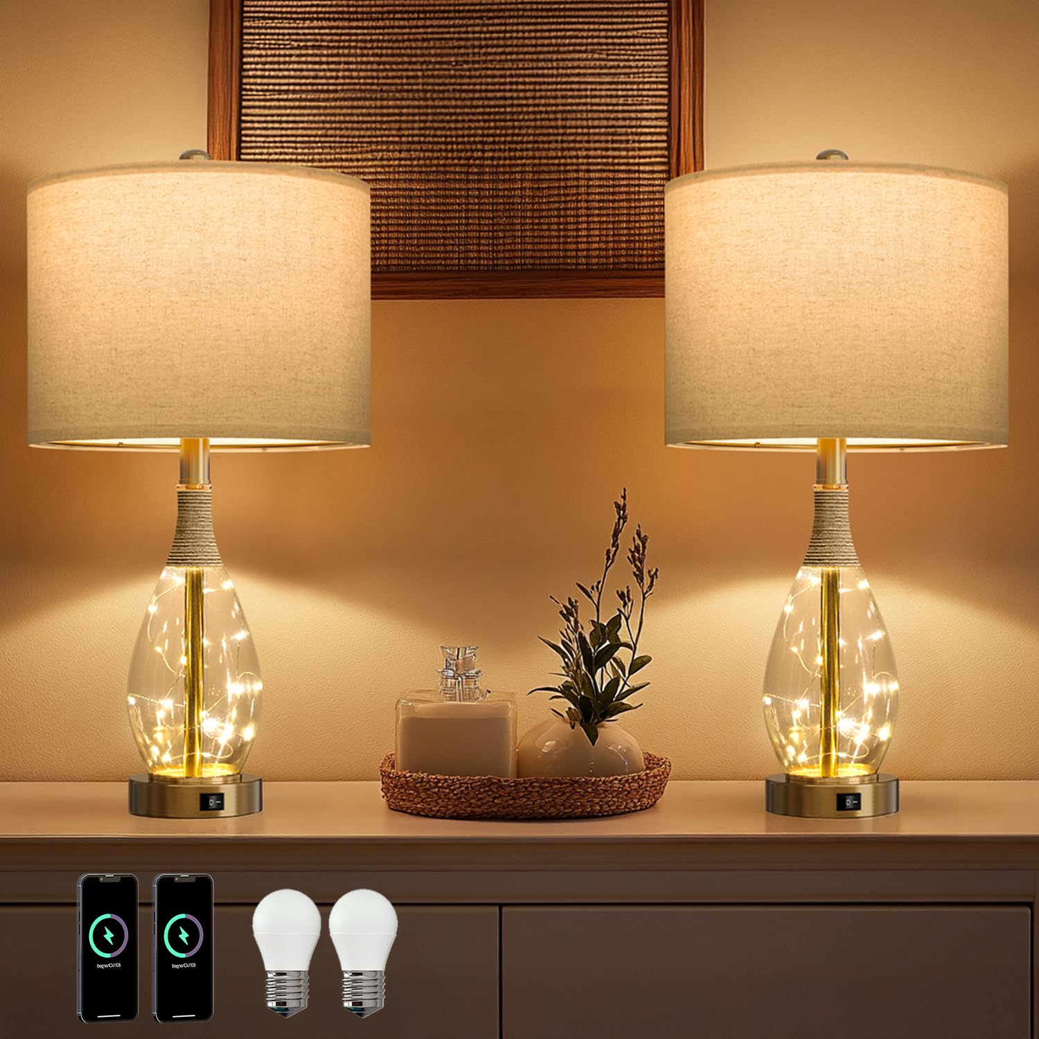 OYEARS Table Lamps Set of 2, Gold Glass Nightlight with USB C+A, Farmhouse Rattan Boho Design, Model AMZ-T1140GL-U