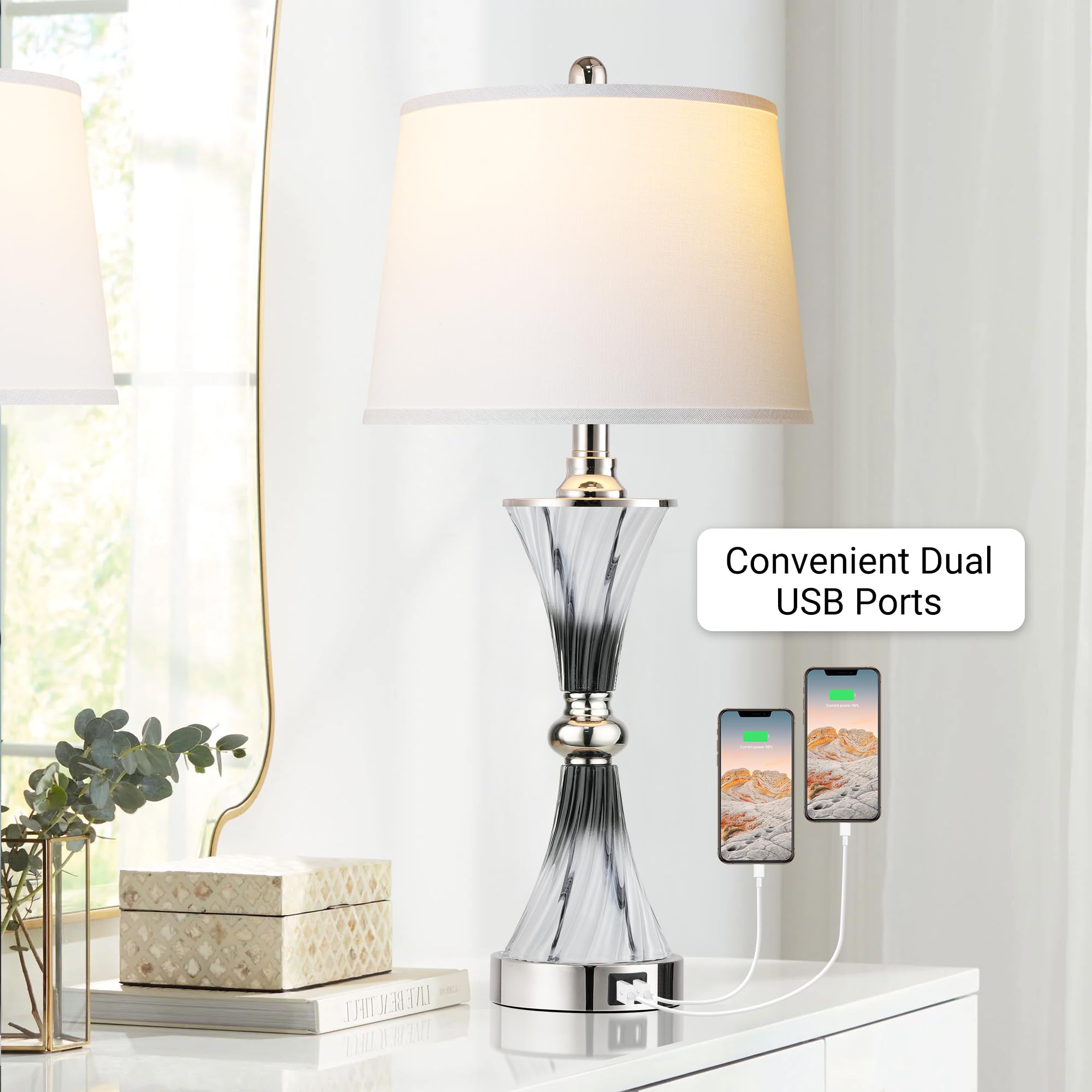 3-Way Dimmable Touch Glass Bedside Table Lamps For Bedroom Set Of 2 With 2 Usb Ports,Dark Grey And White Living Room Lamps For E