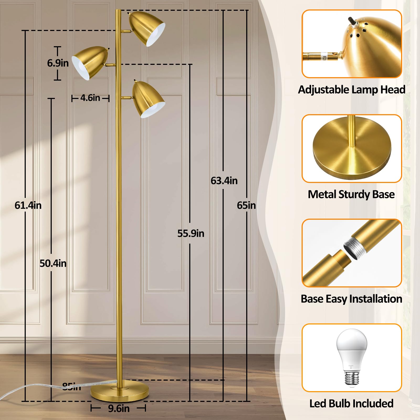 CNXIN Tree Floor Lamp with 3 Light Bulbs Standing Tall Pole Lamps with Adjustable Metal Heads 65 Reading Stand up Lamps with E26