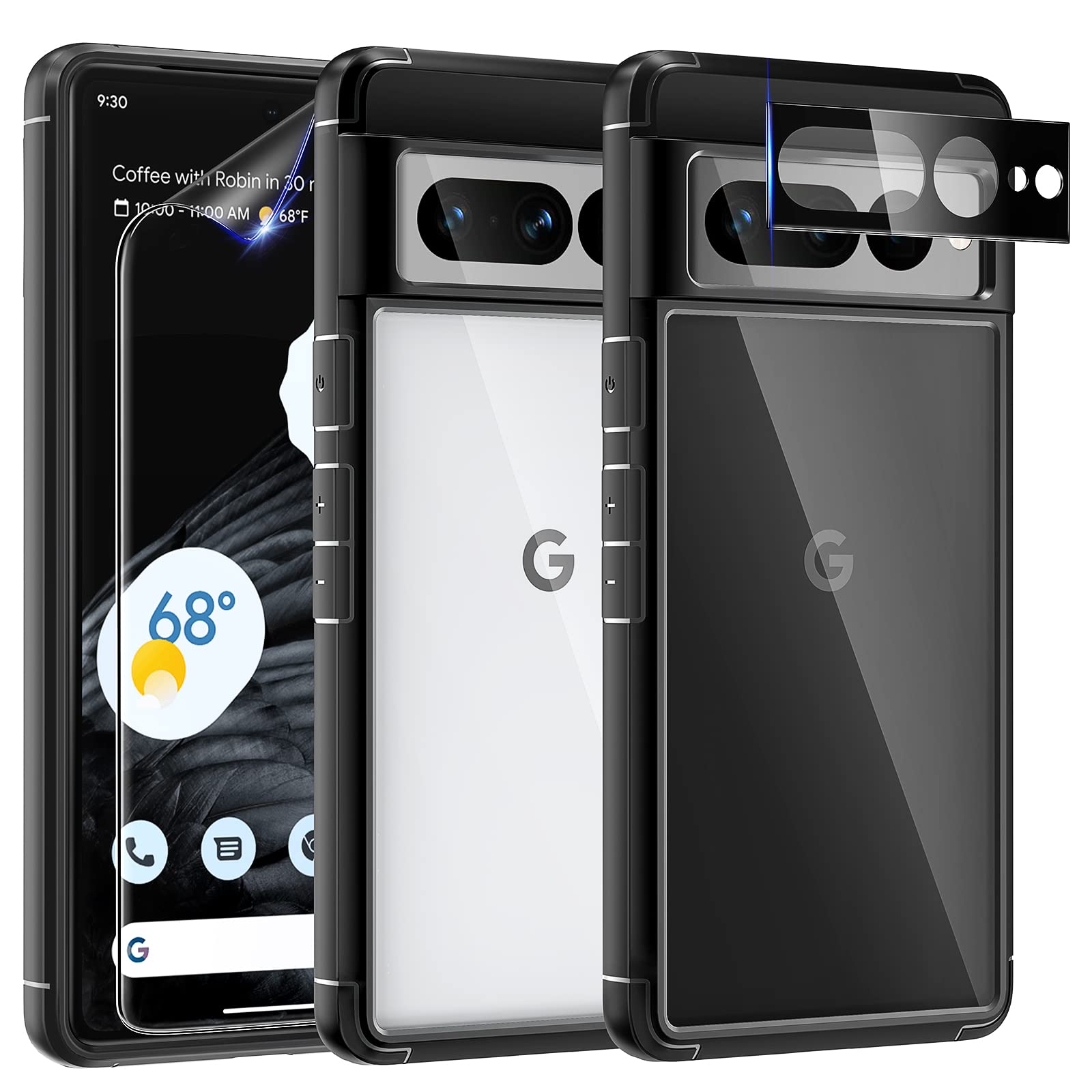 TAURI 5 in 1 Designed for Pixel 7 Pro case, Not-Yellowing] with 2 TPU Film Screen Protector  2 camera Lens Protector, Military-g