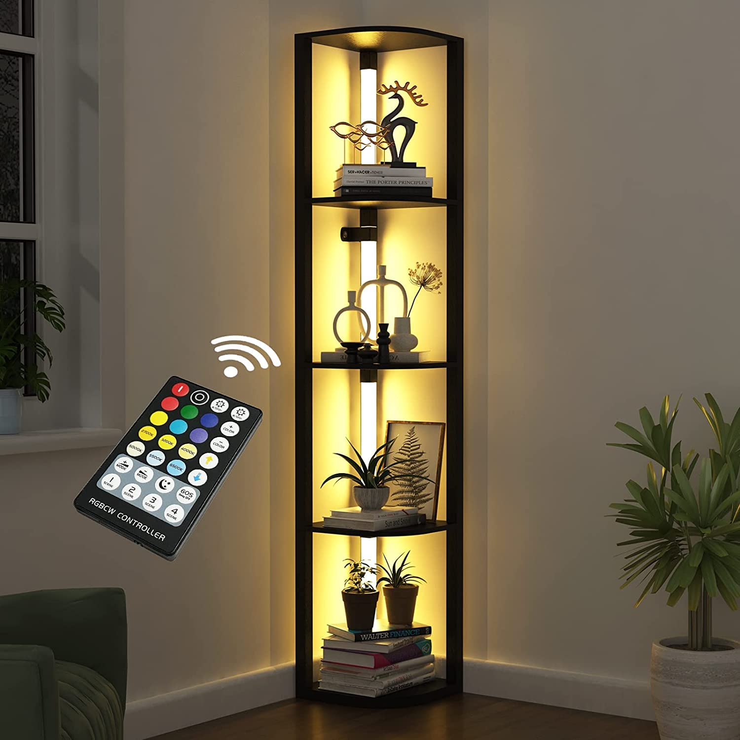 VTRIN Corner Shelf with Light, Modern Home Decor Stand Floor Lamps with Storage Shelves for Collectibles, Sturdy 5-Tier Corner B