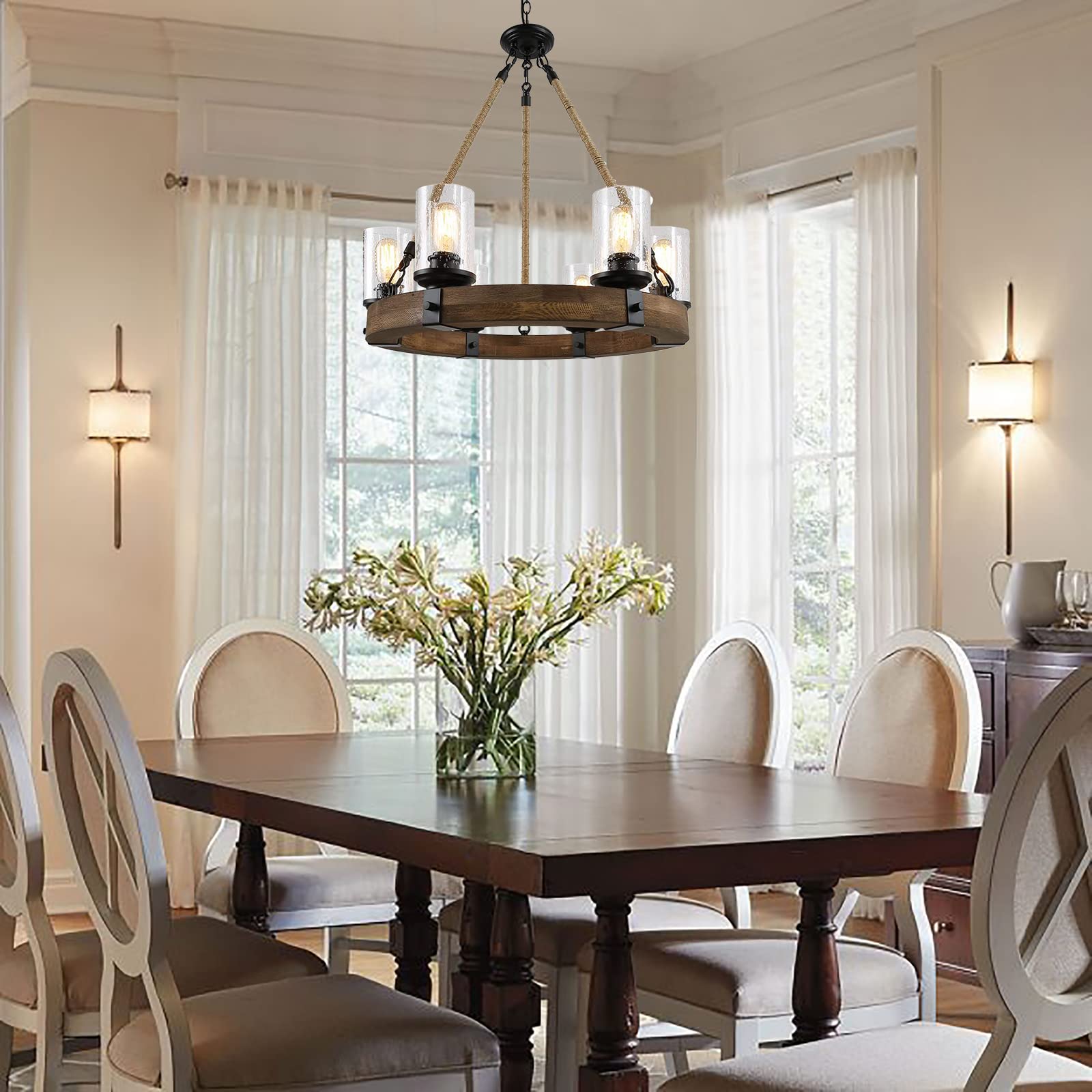 BAOURE Rustic 6 Light Wagon Wheel Chandelier, Round Wood Pendant Light, Brown, Model WJA19 for Dining Room, Kitchen Island, Foyer