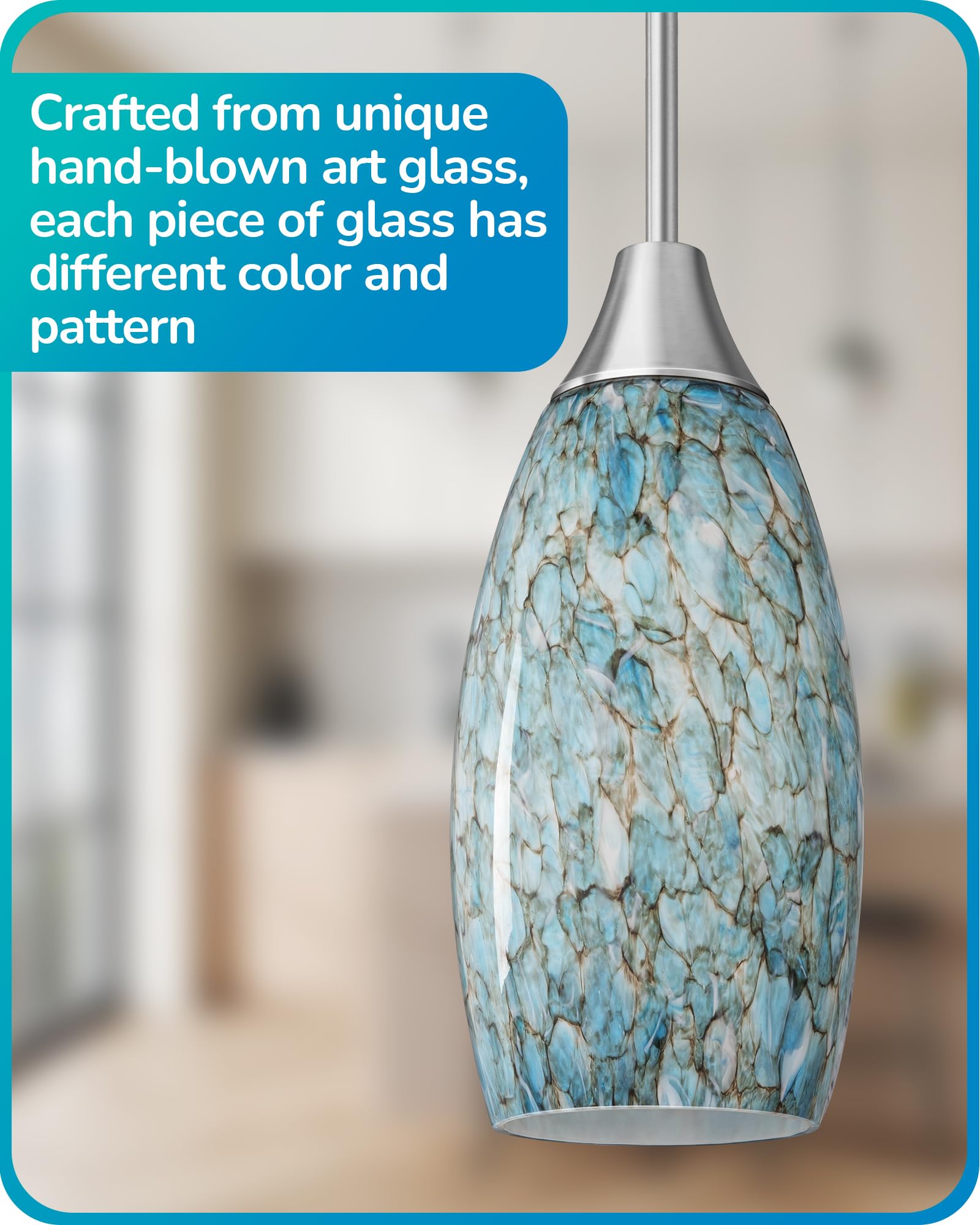 EDISHINE Pendant Light, Hand Blown Glass, Adjustable Brushed Nickel Rods, Light Blue, Model HHPL08C