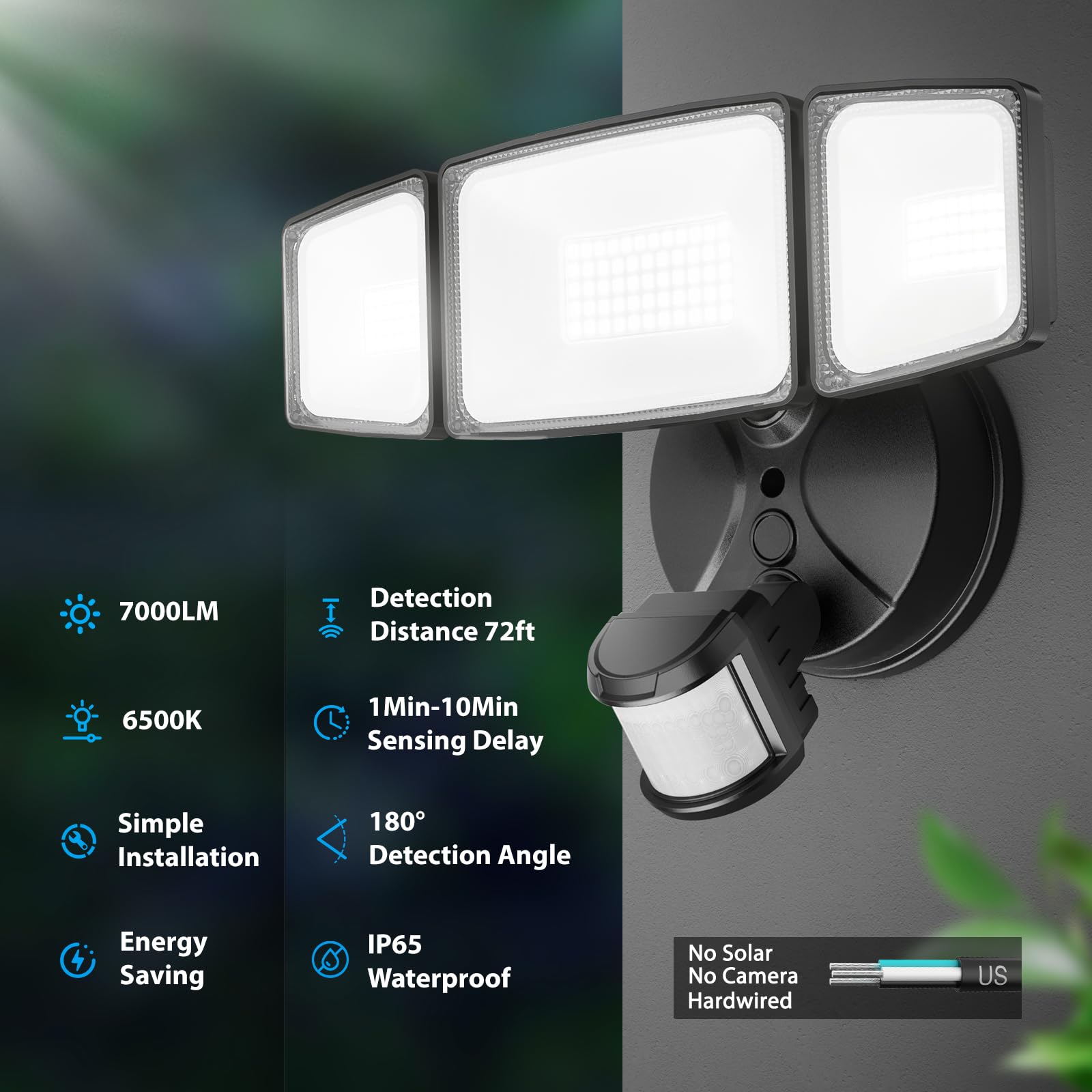 Onforu 65W LED Security Light - Motion Sensor, 6500LM, IP65 Waterproof, 3-Head Adjustable, Black, Model BDB65G-3