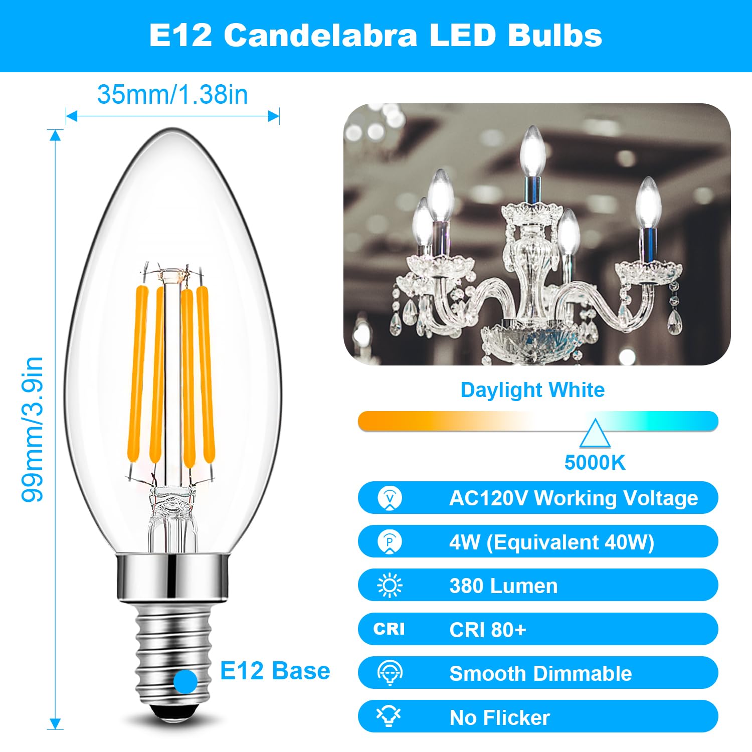 Brimax E12 Led Candelabra Bulbs 40W Equivalent,5000K Daylight White, 4W B11 Dimmable Candle Light Bulbs,Led Filament Clear Glass