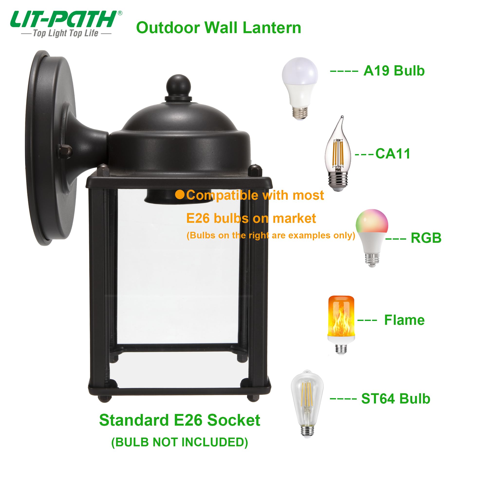 LIT-PaTH Outdoor Wall Lantern Sconce, 60W Max, Aluminum, Bronze Finish, E26 Base, 2-Pack, Model LT-WL017-BRZ-2PK