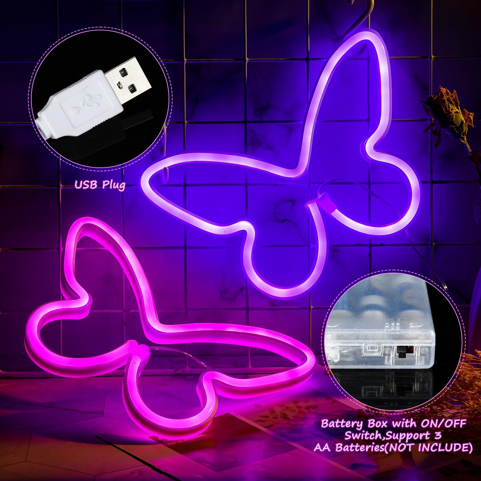 Riakrum Butterfly Neon Signs LED Light, 3AA Battery/USB Operated, Purple & Pink, Wall Decor for Home, Bedroom, Birthday Party, Model SW-Riakrum-2642
