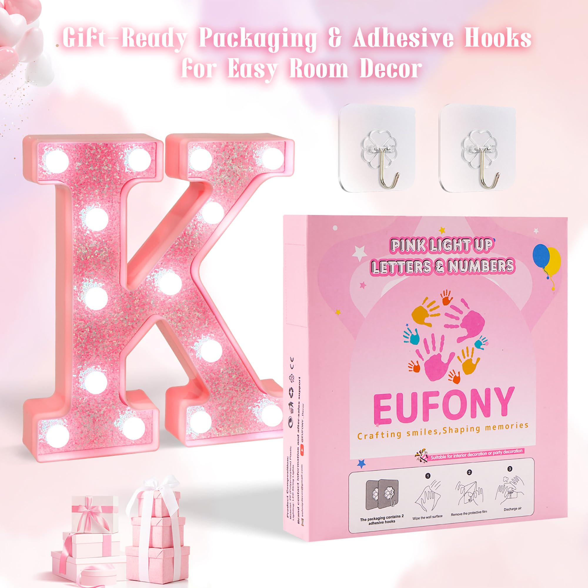 EUFONY Pink Glitter LED Marquee Light Up Letter S with Cool White Lights, Battery-Powered Alphabet Letter Sign for Girls Gift, B