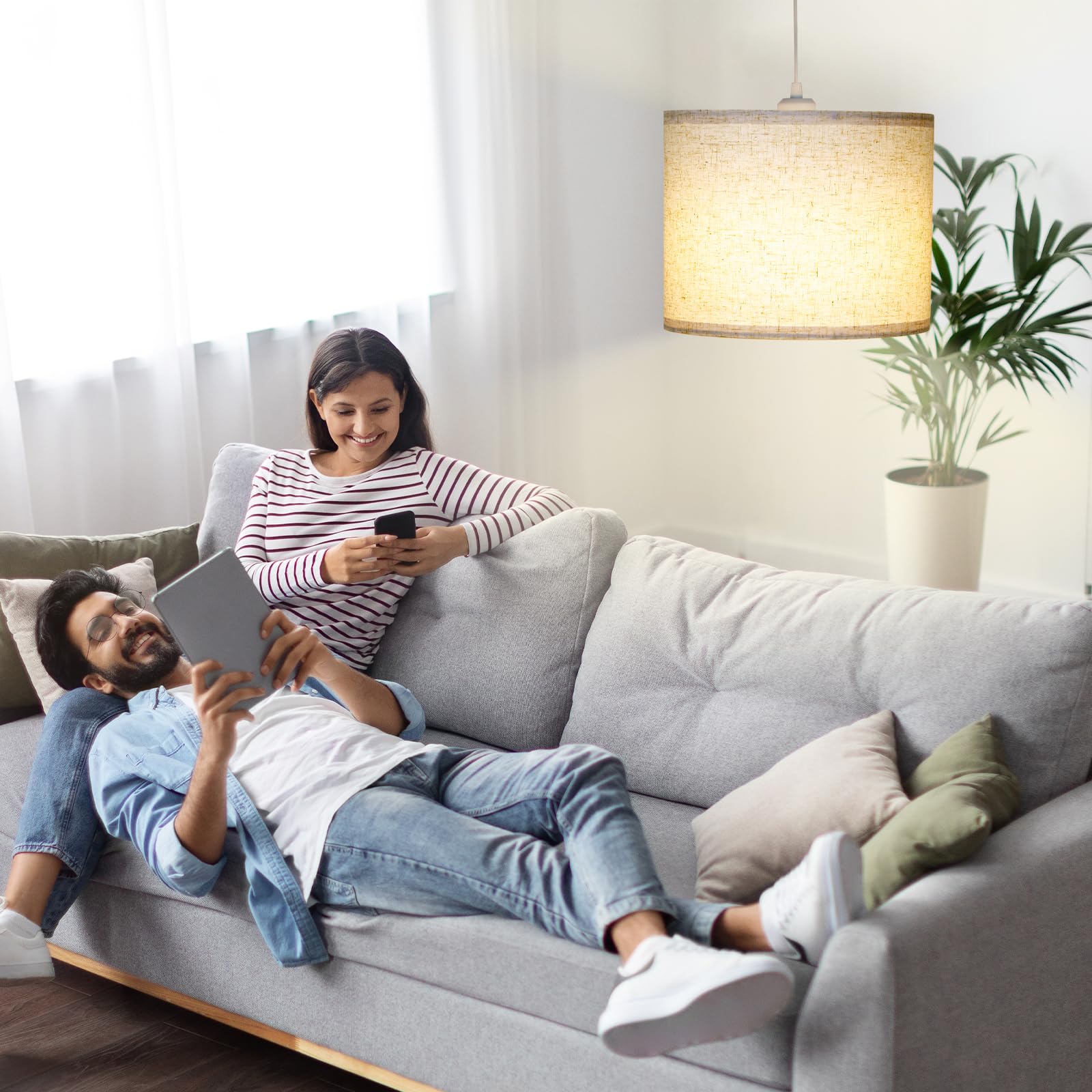LALISU Plug-in Pendant Light with 15Ft Cord & On/Off Switch, Beige Linen Shade, Ideal for Living Room, Bedroom, Kitchen, Dining Room